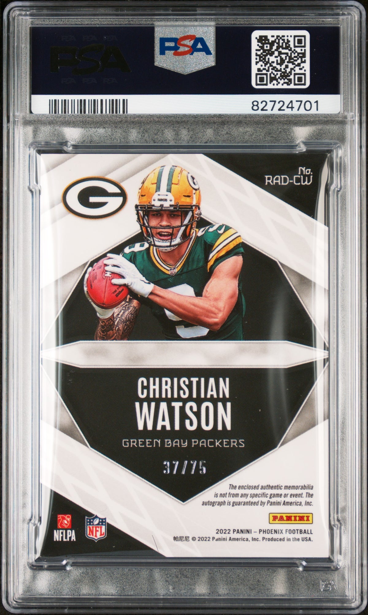 2022 Panini Phoenix RPS Rookie Auto Dual Jersey Christian Watson /75 PSA 7