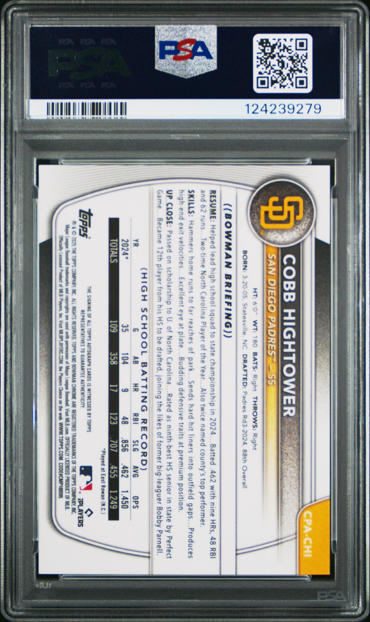 2025 Bowman Chrome Prospect Autographs Cobb Hightower #CPACHI PSA 10