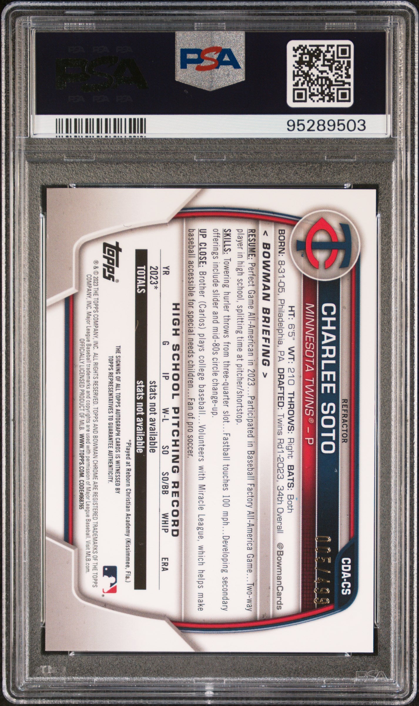 2023 Bowman Draft Chrome Prospect Autograph Charlee Soto #CDACS Prspct Refractor PSA 8