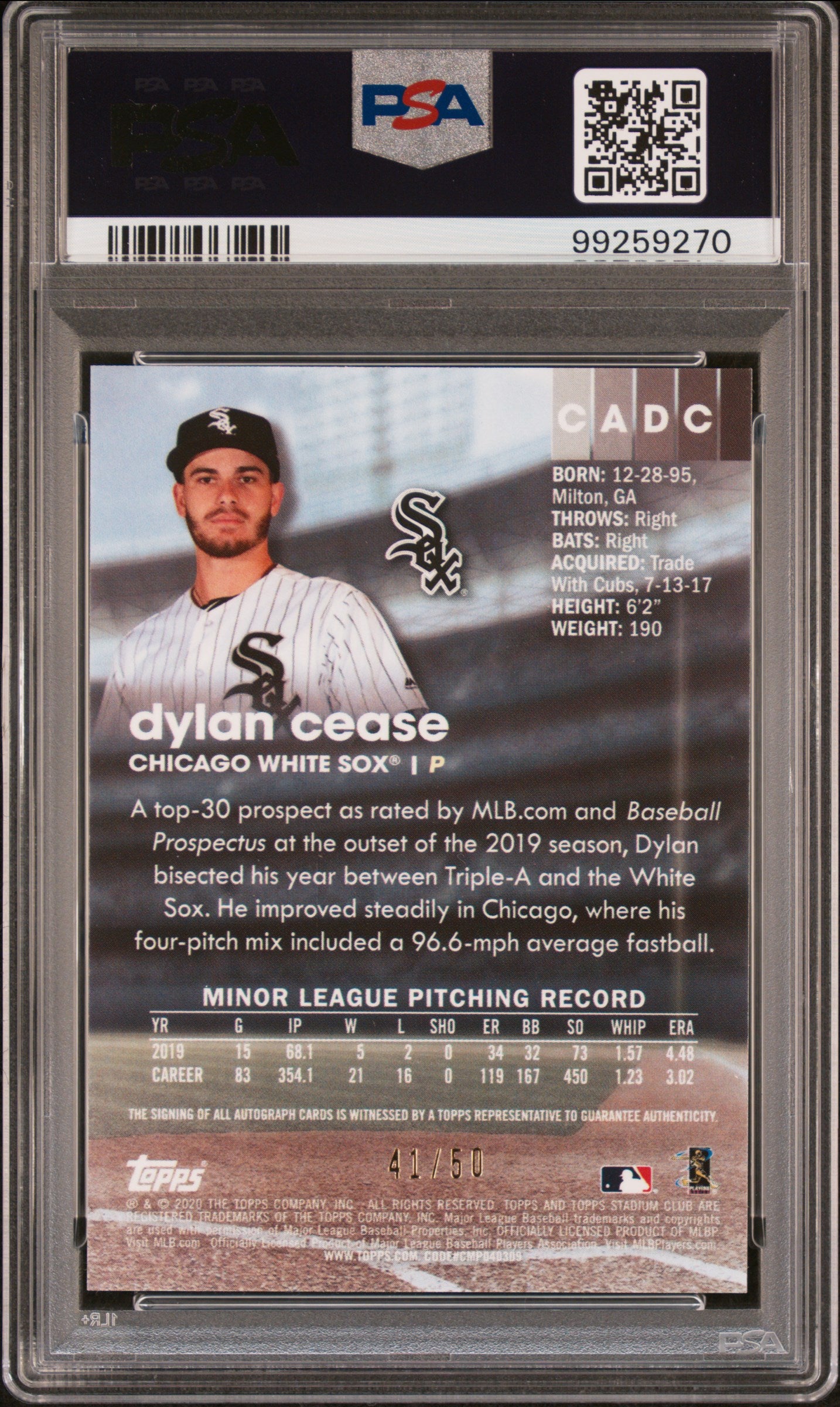 2020 Stadium Club Chrome Autographs Dylan Cease #CADC Gold Refractor PSA 10