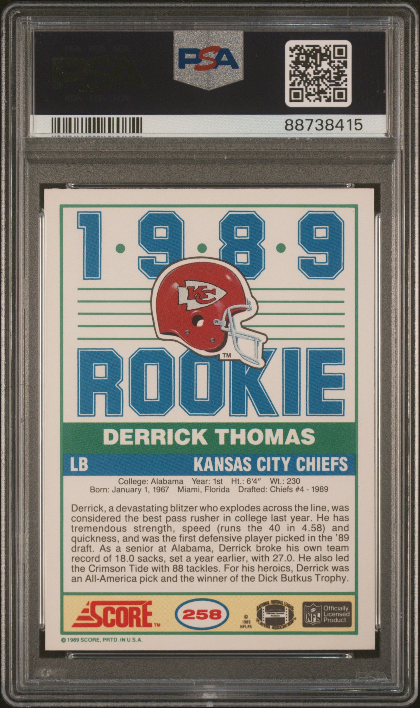 1989 Score Derrick Thomas #258 PSA 9