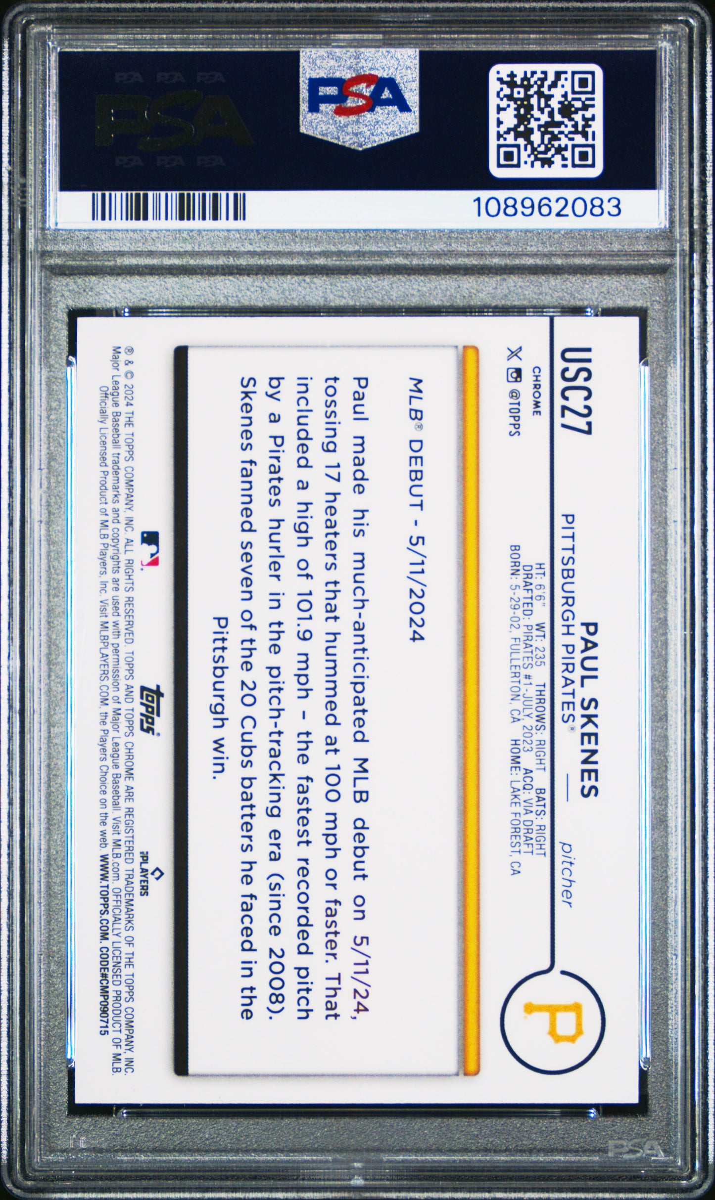 2024 Topps Chrome Update Paul Skenes #USC27 X Fractor PSA 10