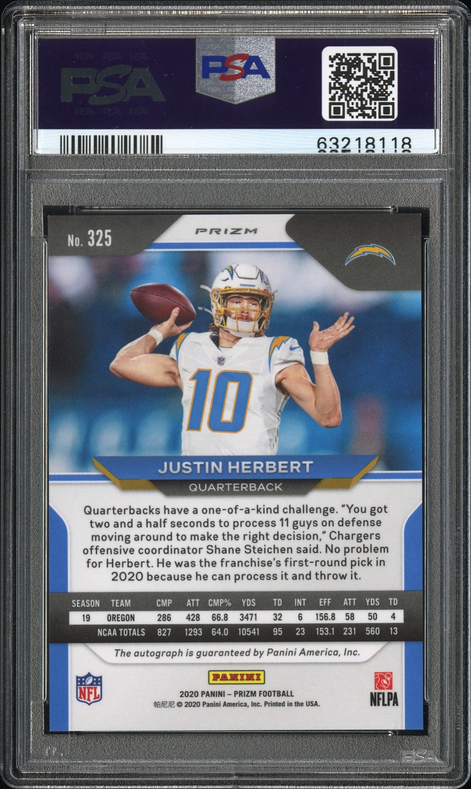 2020 Panini Prizm Justin Herbert #325 Autograph PSA 9