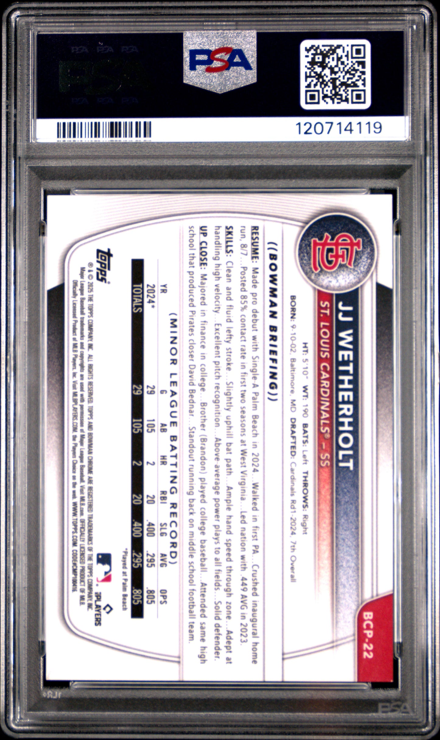 2025 Bowman Chrome Prospects JJ Wetherholt #BCP22 Wave Ref /350 PSA 10