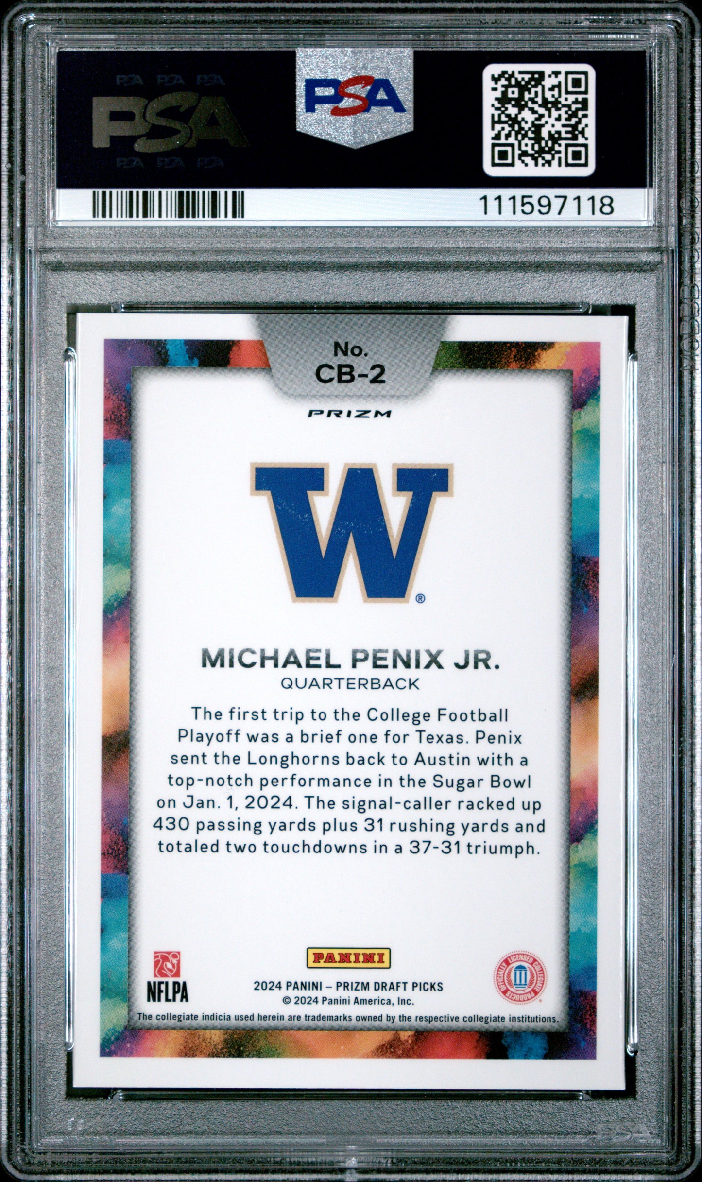 2024 Panini Prizm Draft Picks Black Color Blast Michael Penix JR. #CB2 PSA 10
