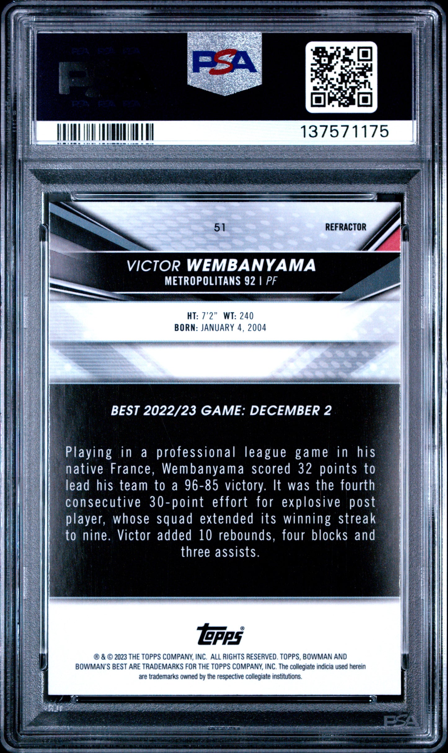 2022 Bowman University Best Victor Wembanyama #51 Refractor PSA 8