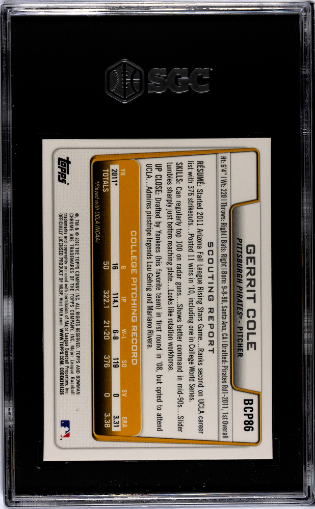 2012 Bowman Chrome Draft Picks & Prospects Gerrit Cole #BCP86 SGC 9.5