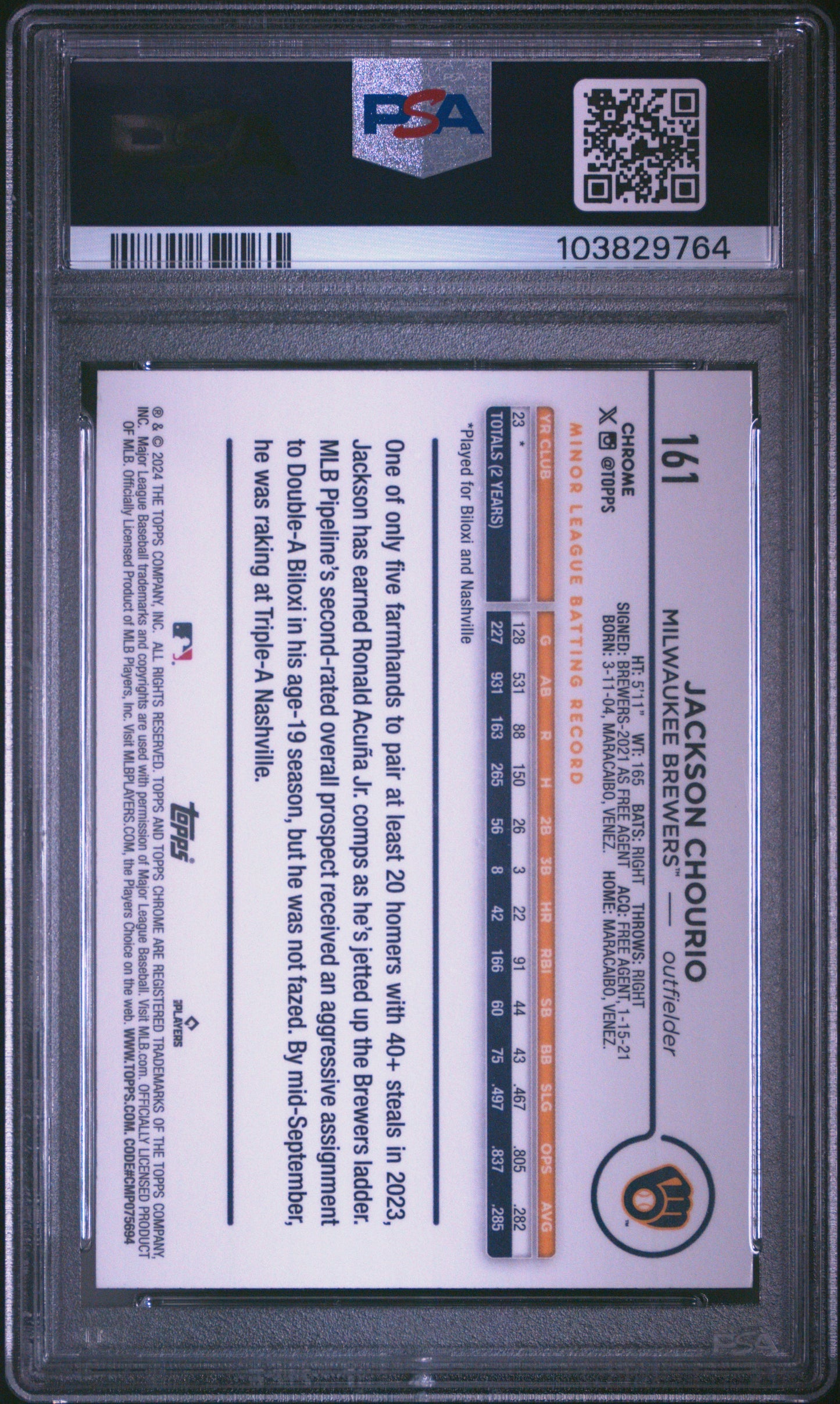 2024 Topps Chrome Jackson Chourio #161 X Fractor PSA 9