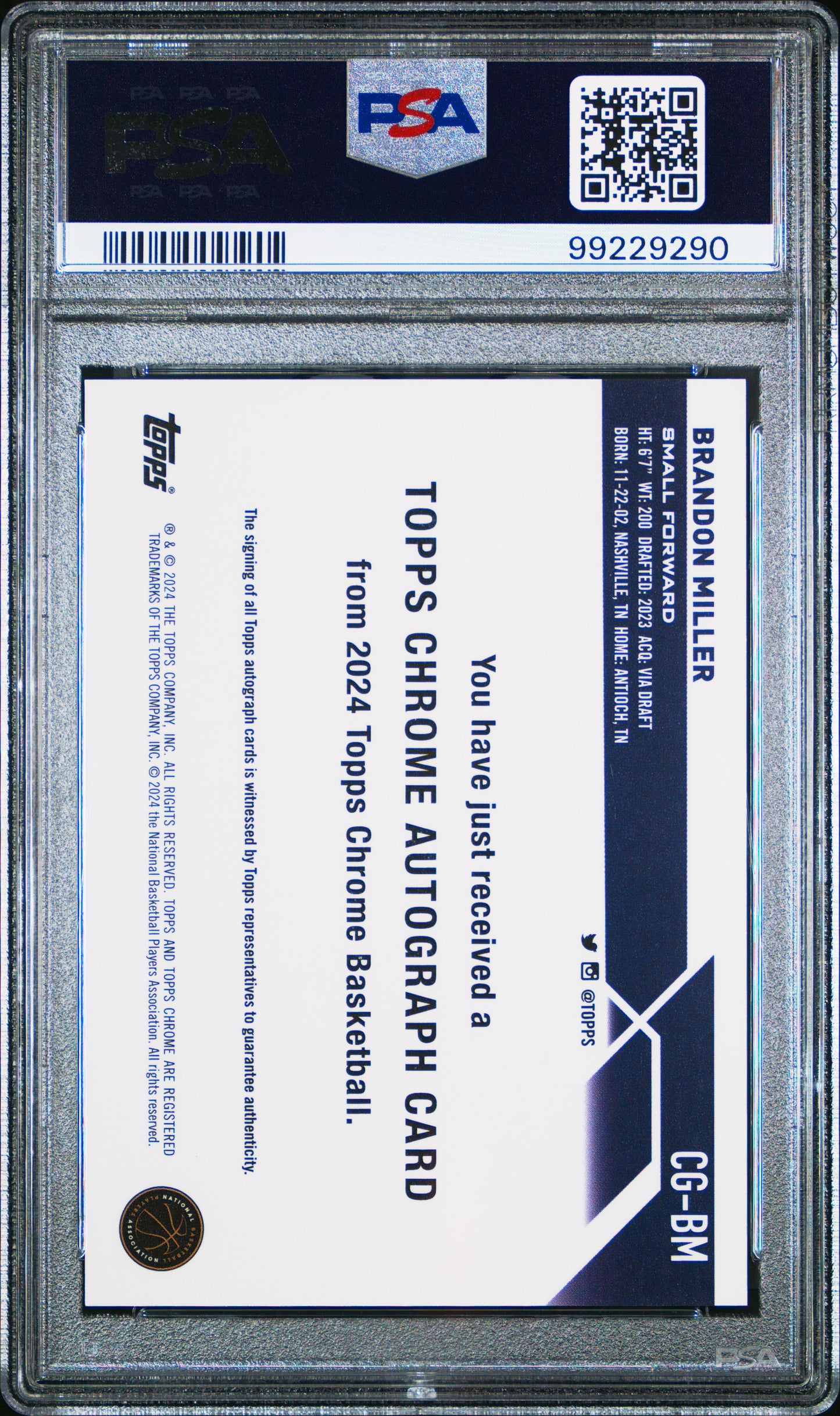 2023 Topps Chrome Topps Chrome Autographs Brandon Miller #CGBM PSA 10