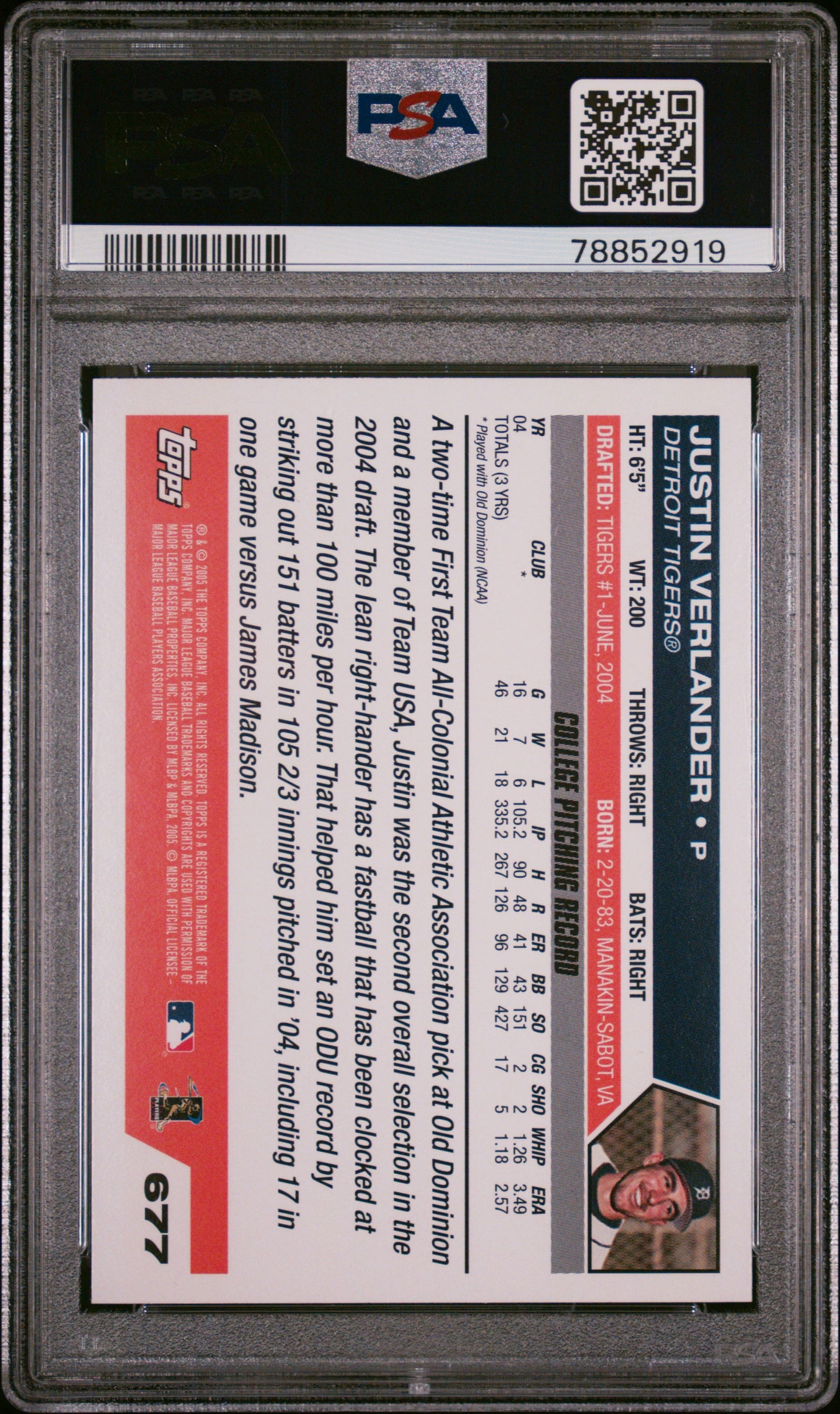 2005 Topps Justin Verlander #677 PSA 10