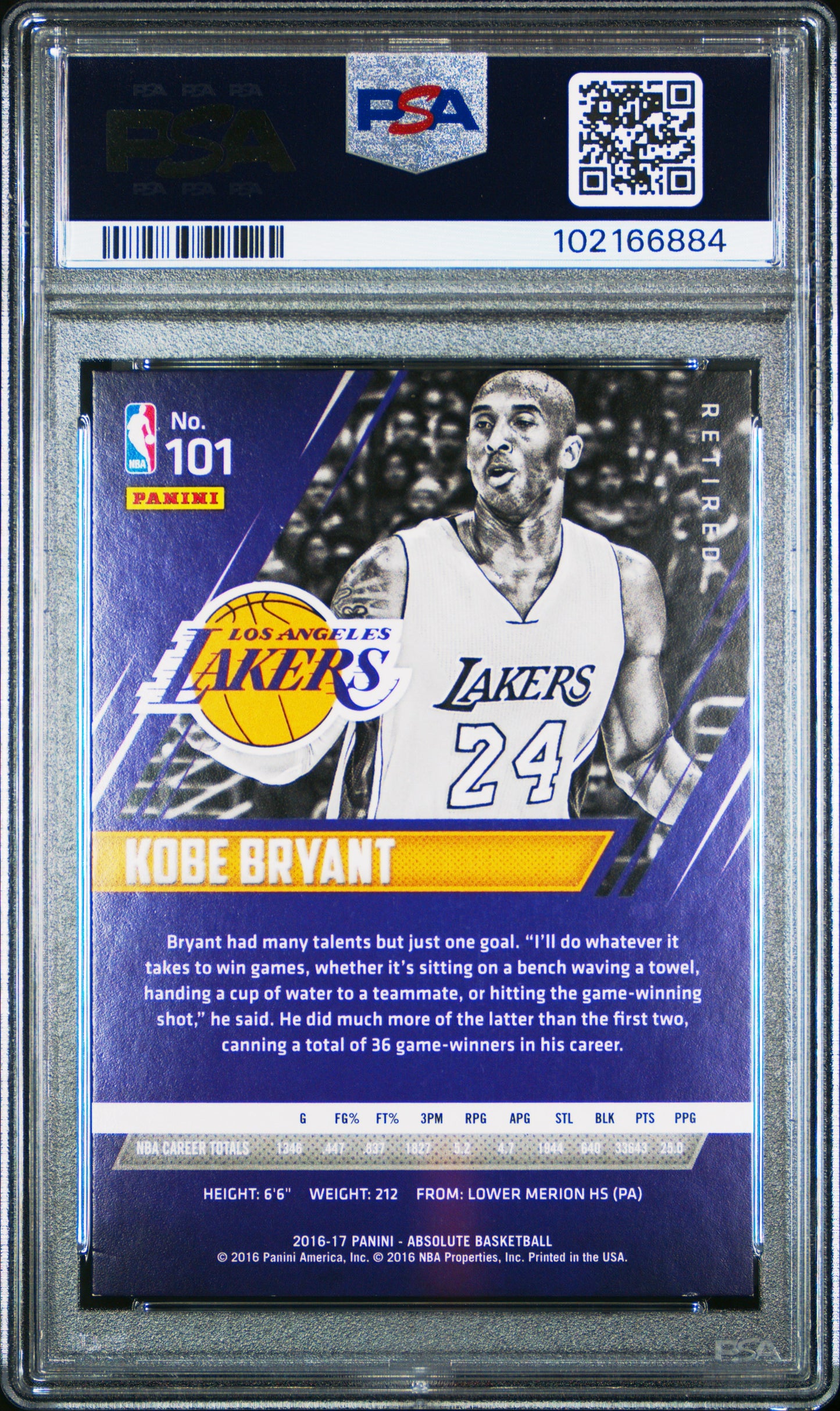 2016 Panini Absolute Kobe Bryant #101 PSA 7