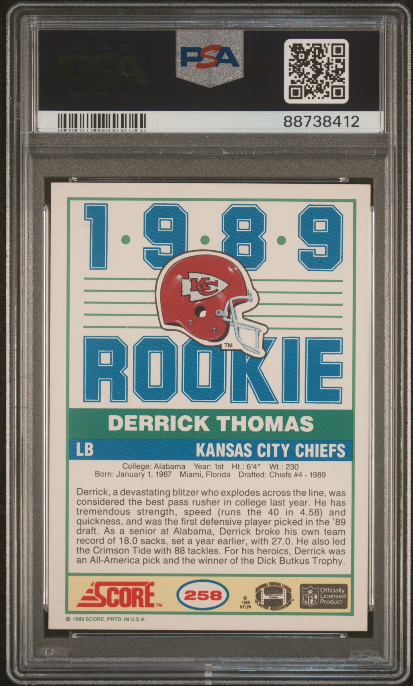 1989 Score Derrick Thomas #258 PSA 8