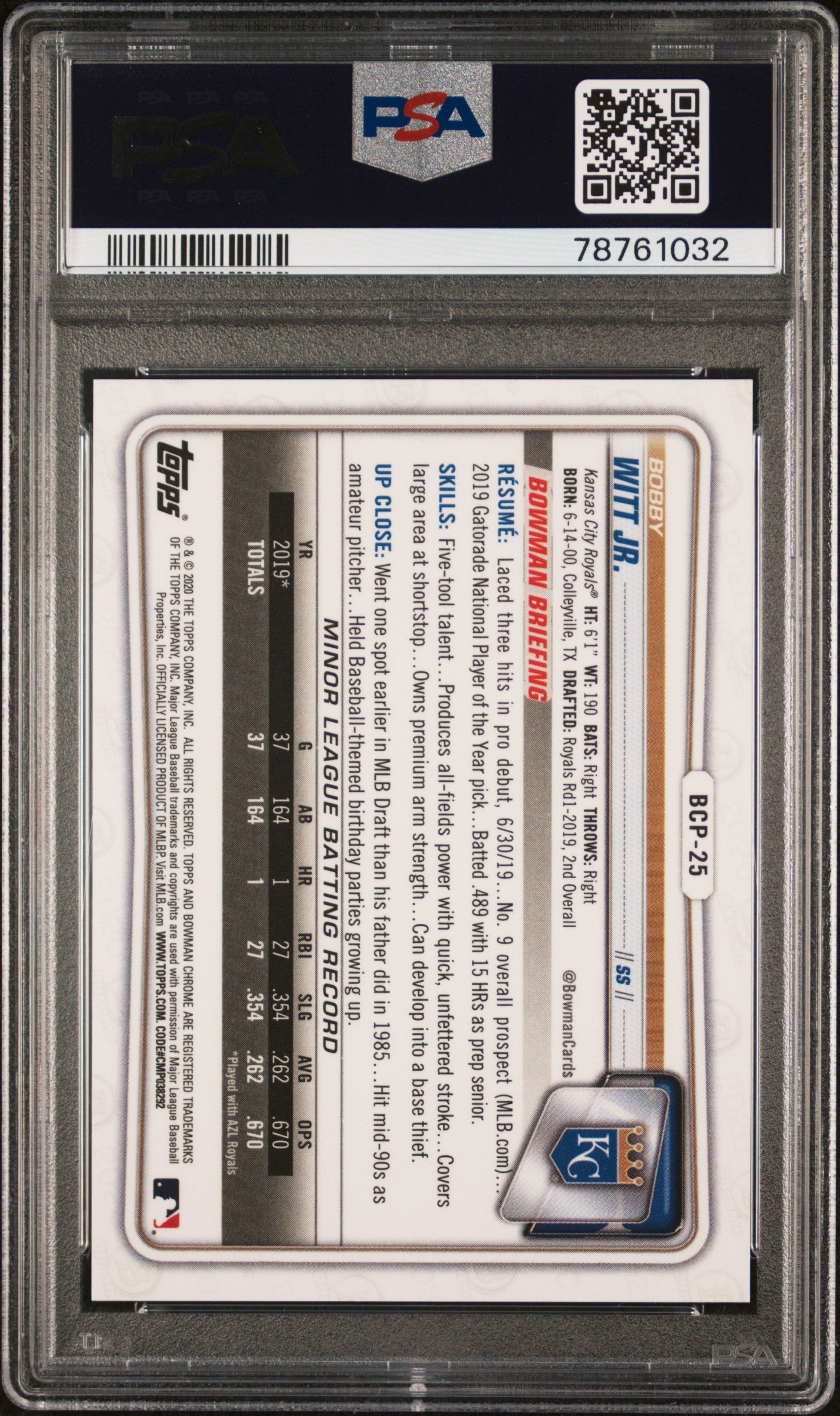 2020 Bowman Chrome Prospects Bobby Witt JR. #BCP25 Purple Refractor PSA 9
