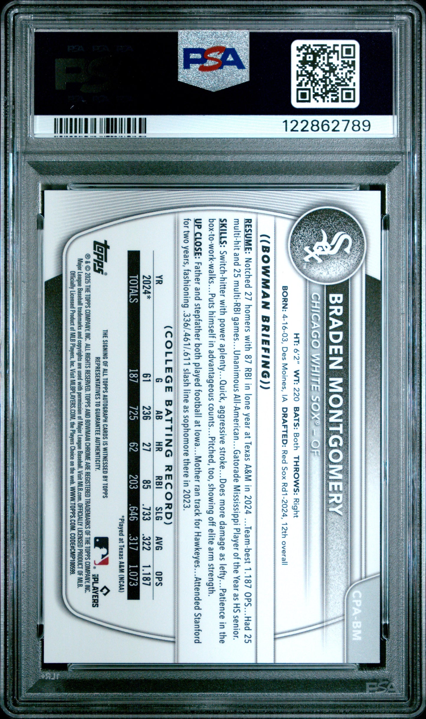 2025 Bowman Chrome Prospect Autographs Braden Montgomery Speckle Ref /299 PSA 10