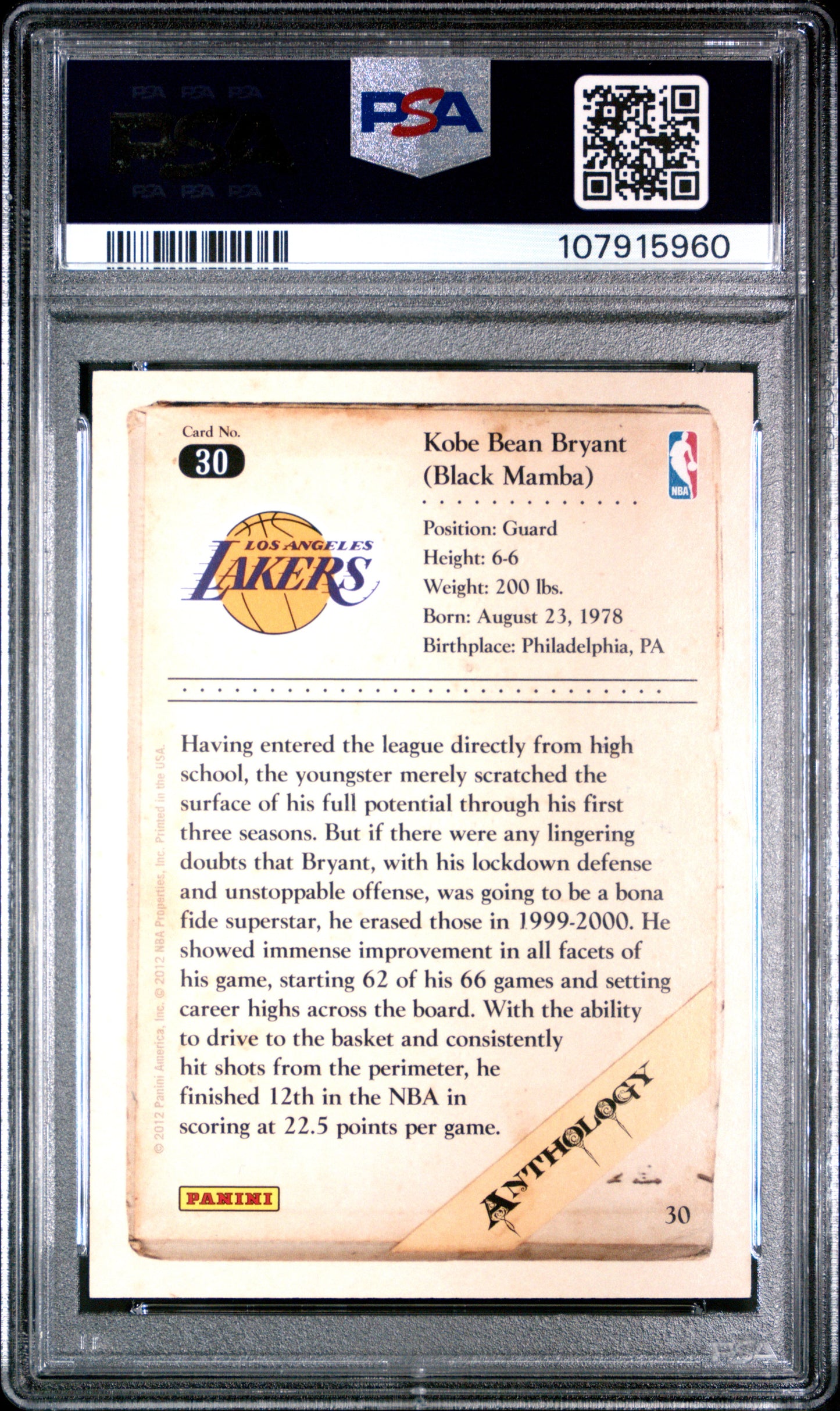 2012 Panini Kobe Anthology Kobe Bryant #30 Gold PSA 8