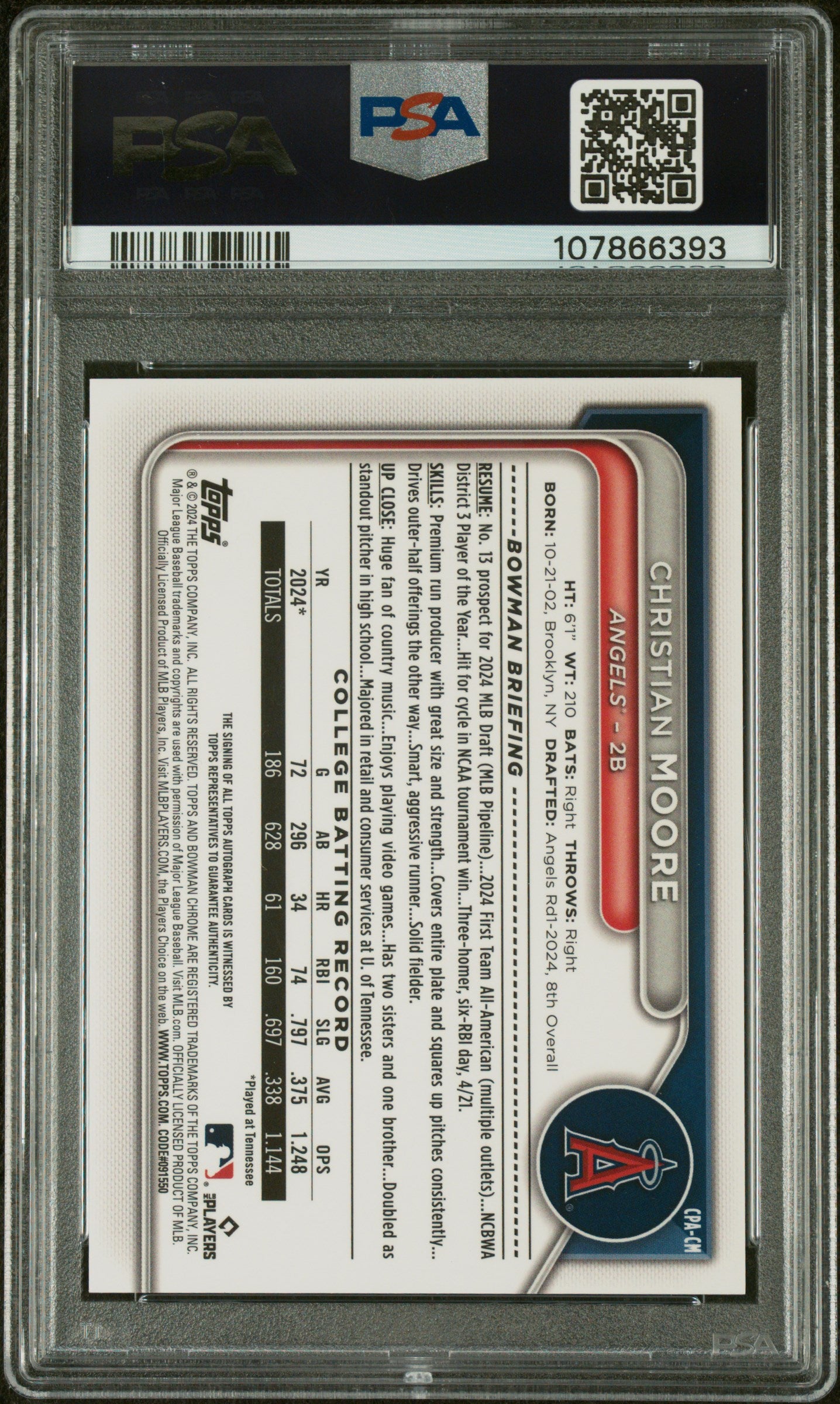 2024 Bowman Draft Sapphire Edition Autographs Christian Moore /199 PSA 10