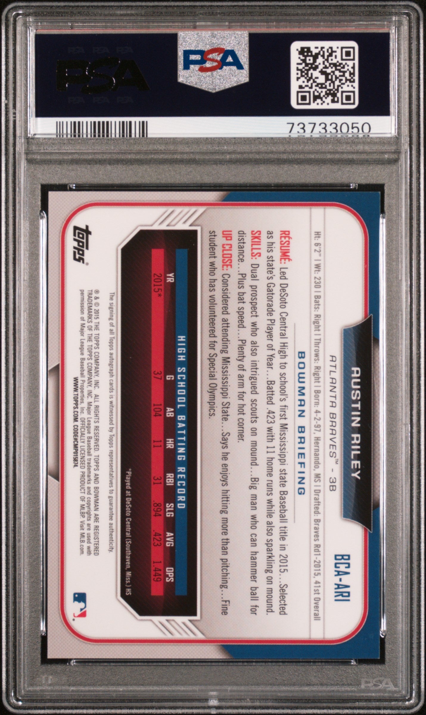 2015 Bowman Chrome Draft Pick Autograph Austin Riley #BCAARI PSA 9