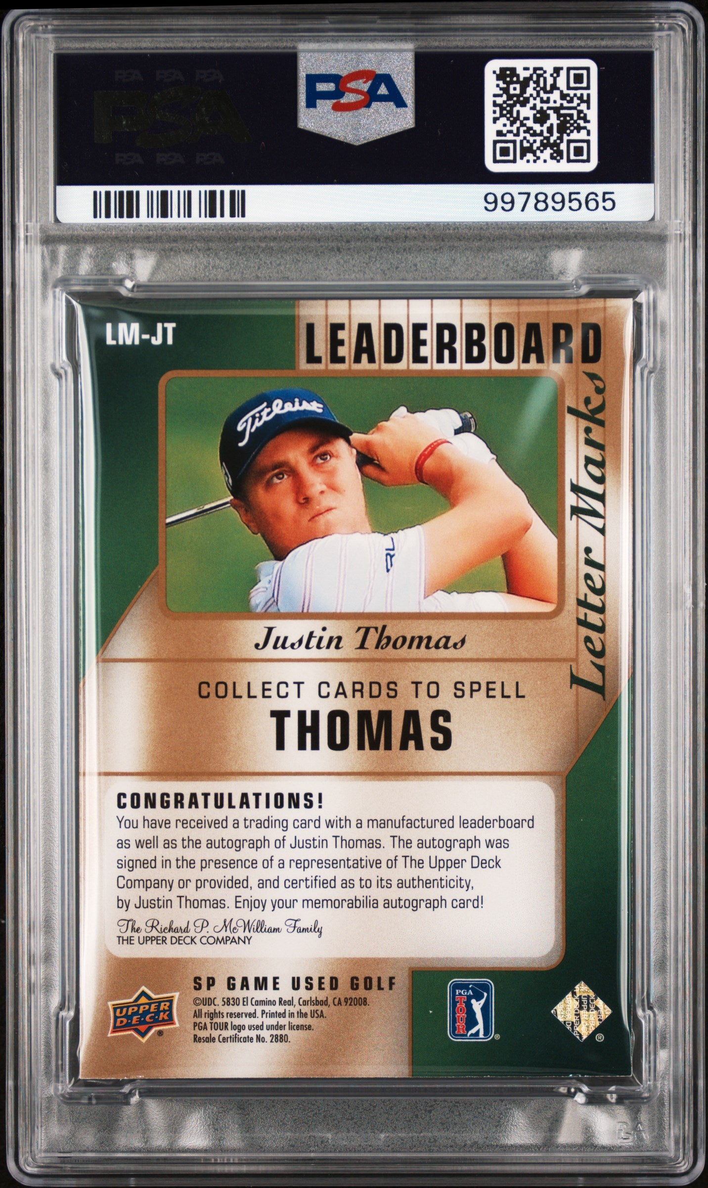 2021 SP Game Used Leaderboard Letter Marks Justin Thomas #LMJT /10 PSA Auto 10