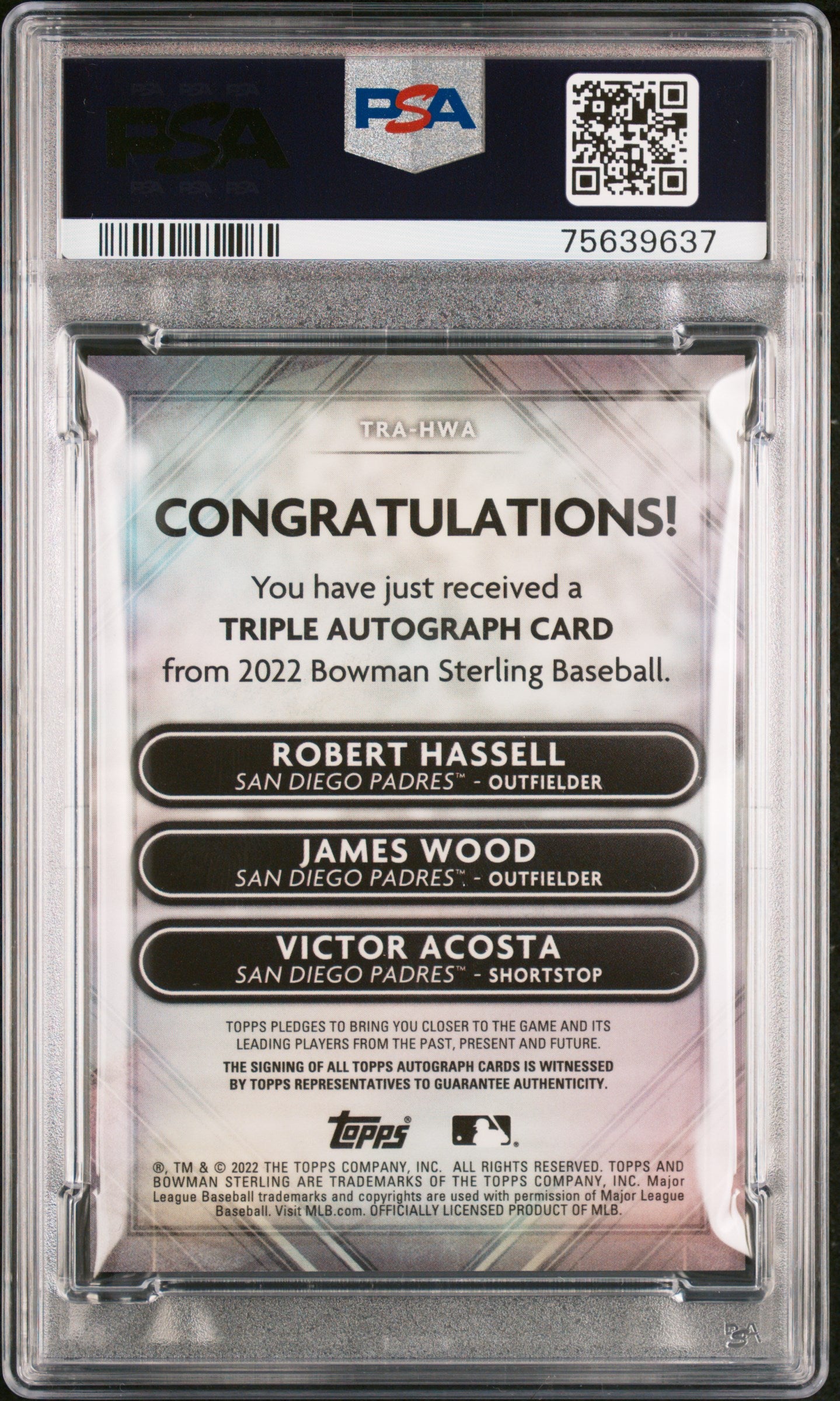 2022 Bowman Sterling Triple Auto Wood Acosta Hassell Black /10 PSA 9