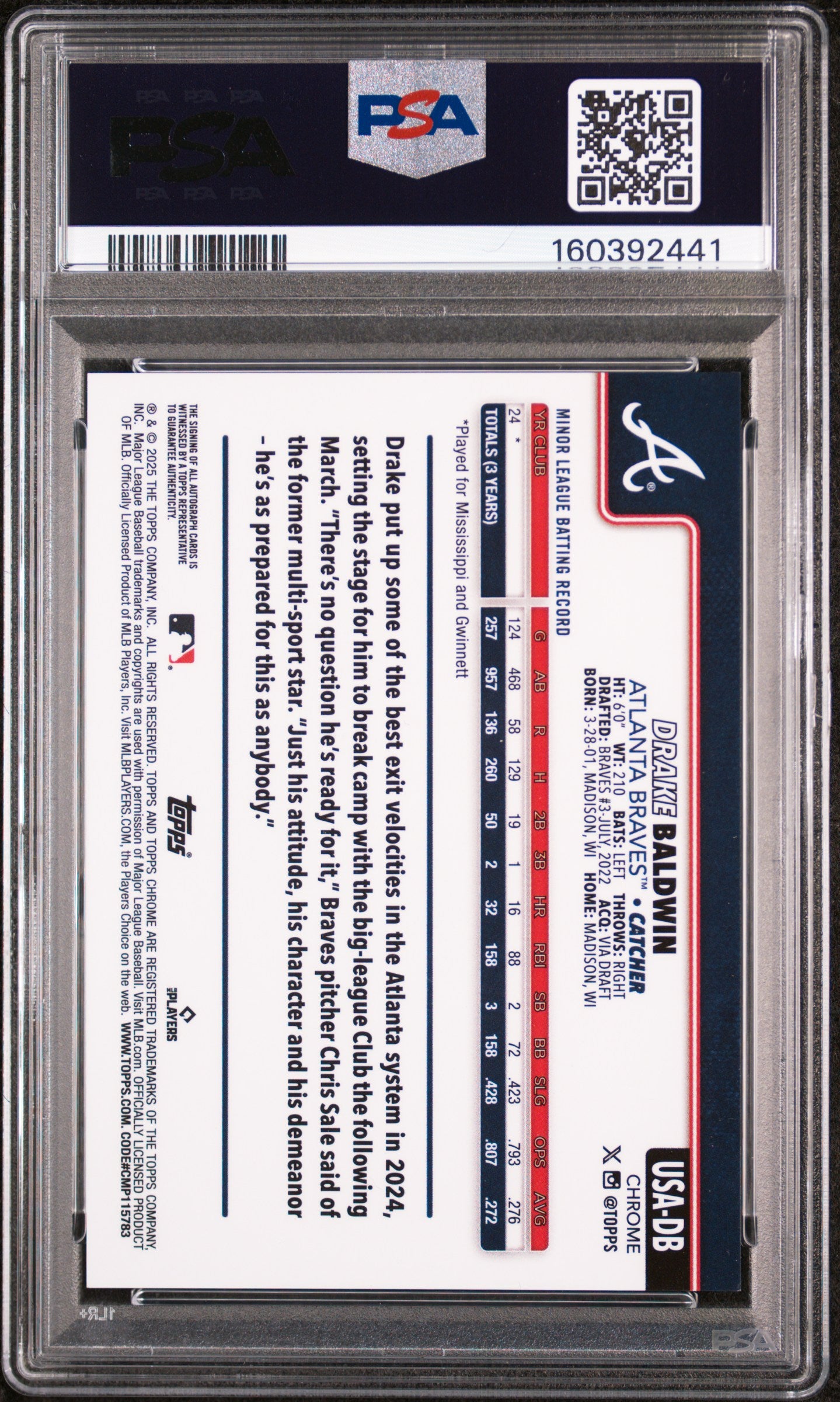 2025 Topps Chrome Sapphire Update Autographs Drake Baldwin #DB Gold /50 PSA 9