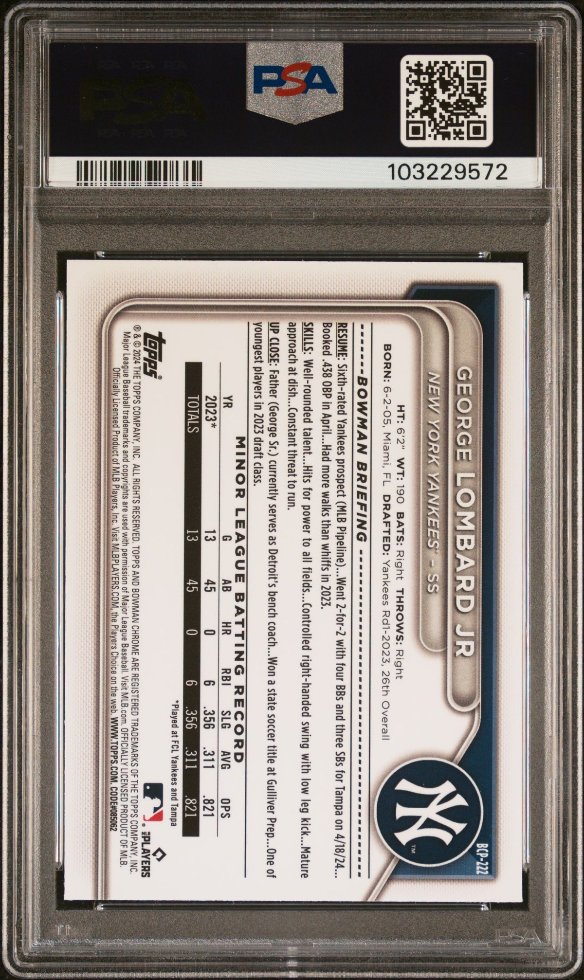 2024 Bowman Chrome Prospects George Lombard JR #BCP222 Orange Shimmer PSA 10