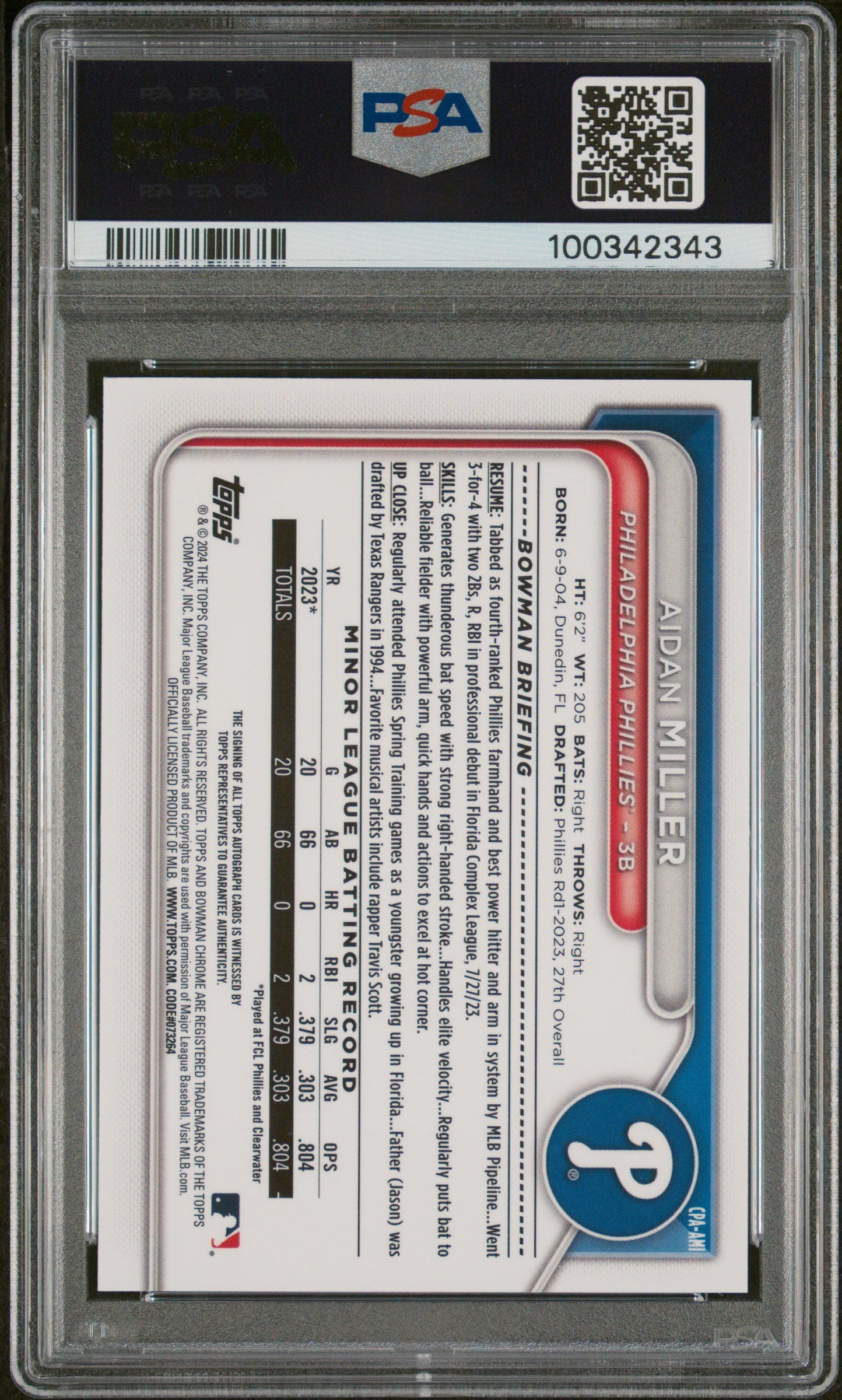 2024 Bowman Chrome Prospect Autographs Aidan Miller #CPAAMI PSA 10
