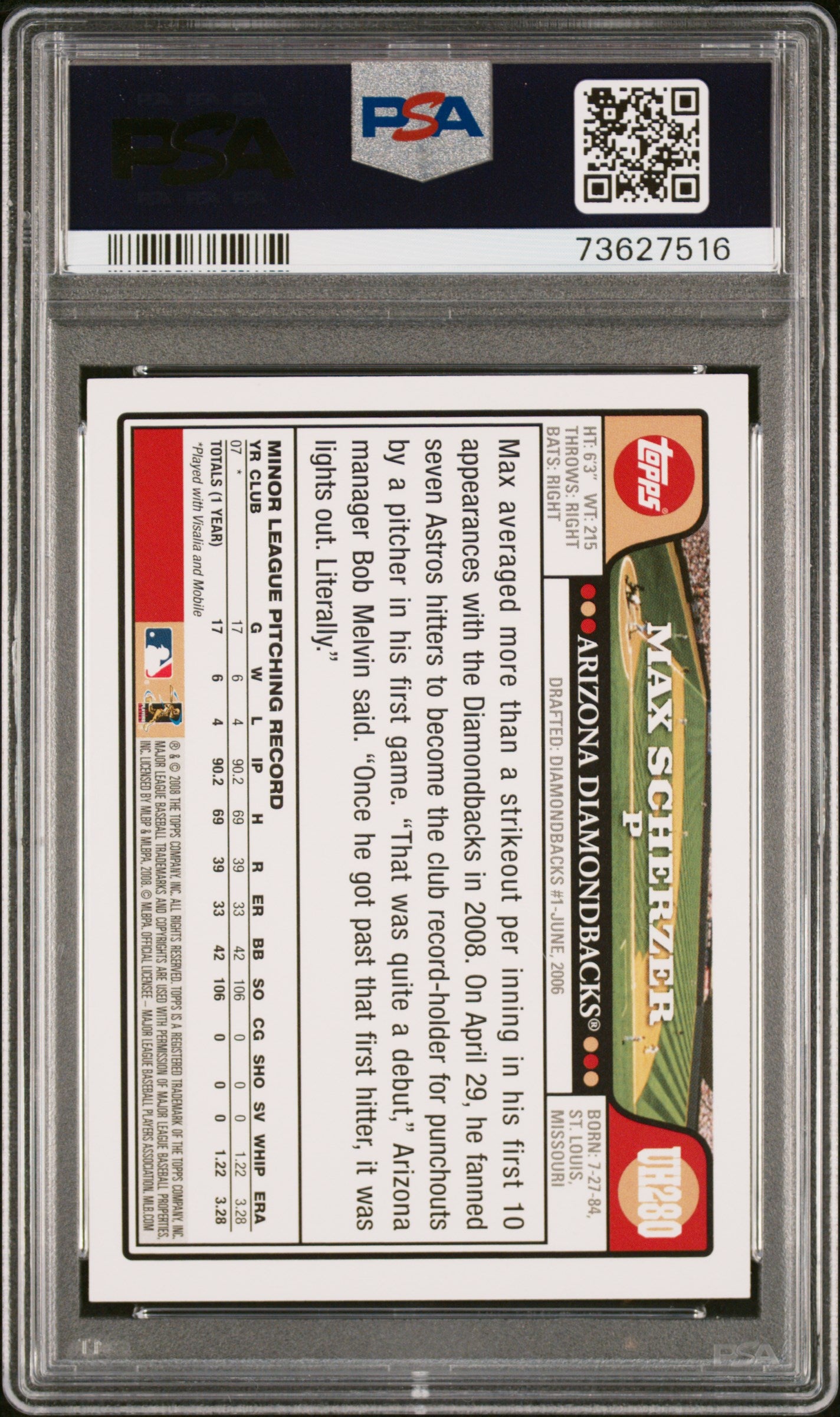 2008 Topps Update & Highlights Max Scherzer #UH280 PSA 9
