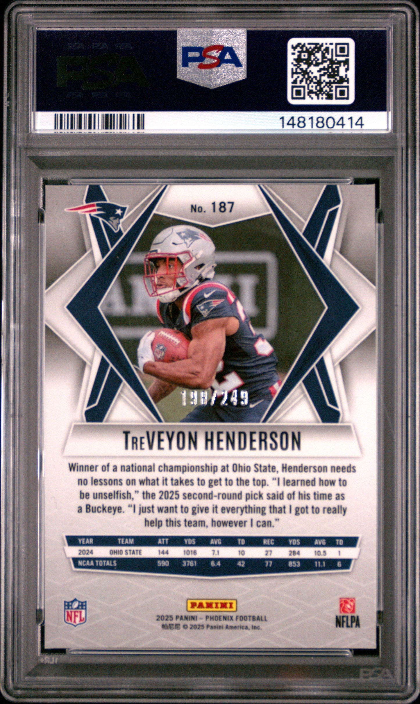 2025 Panini Phoenix Treveyon Henderson #187 Purple Winter PSA 9