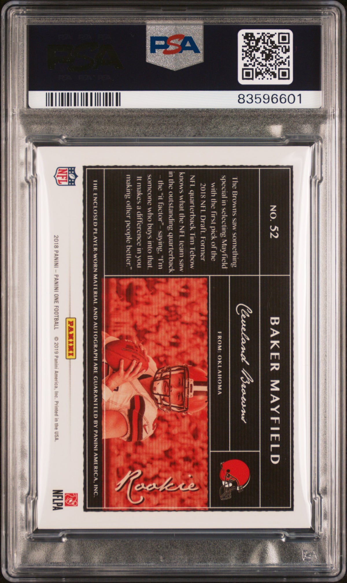 2018 Panini One Baker Mayfield #52 Dual Patch Auto Blue PSA 9