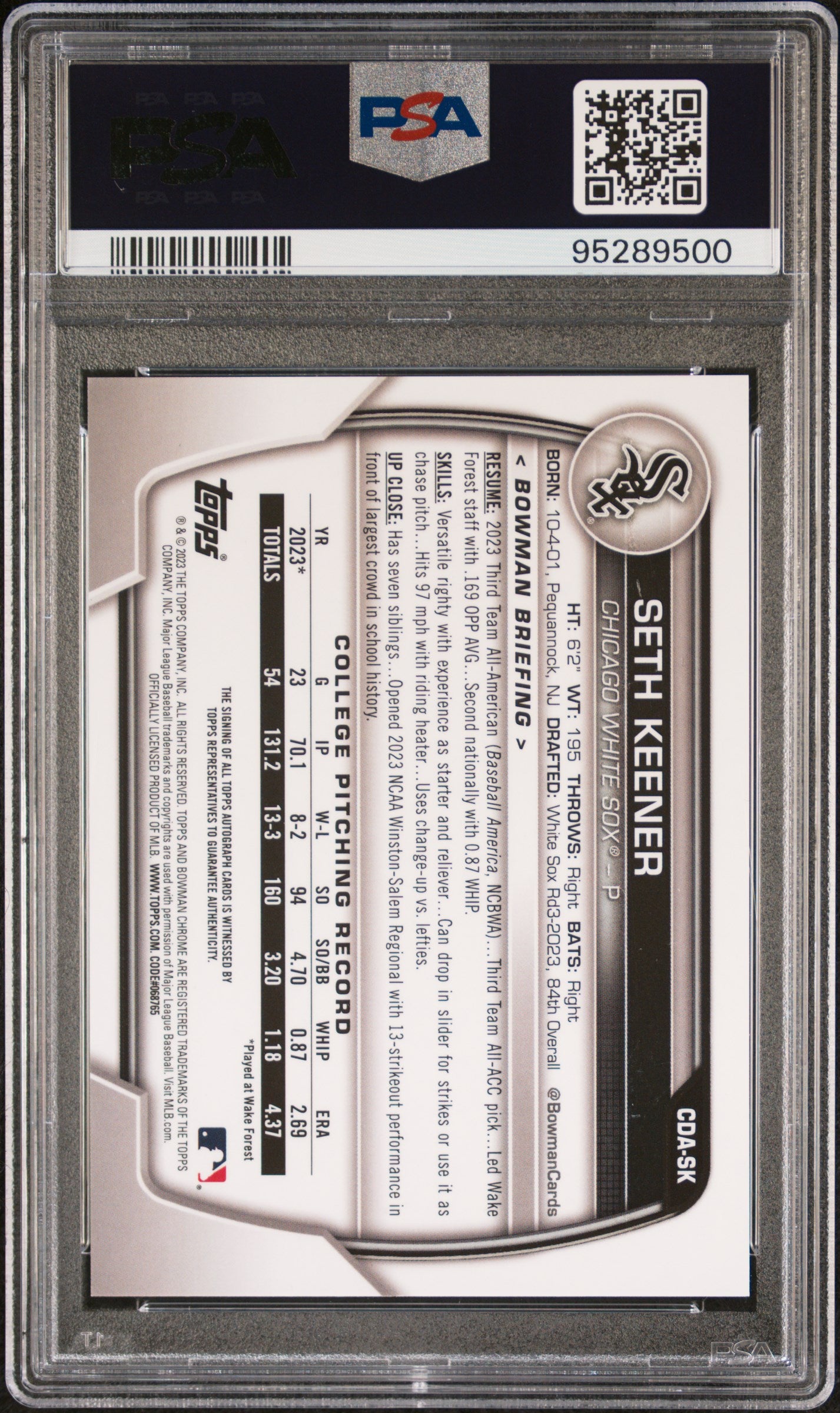 2023 Bowman Draft Chrome Prospect Autograph Seth Keener #CDASK PSA 8