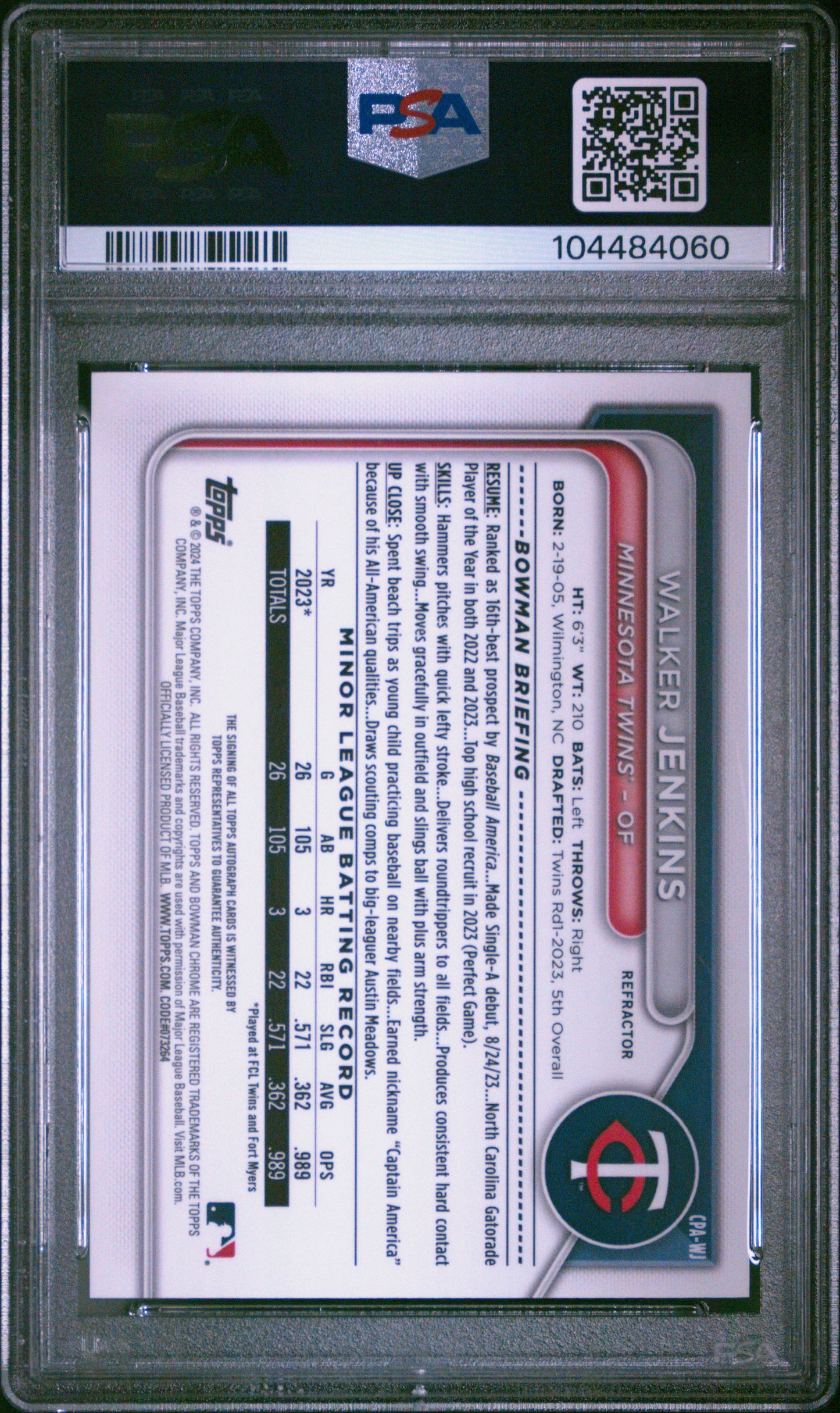 2024 Bowman Chrome Prospect Auto Walker Jenkins #CPAWJ Prspct Ref/499 PSA 9