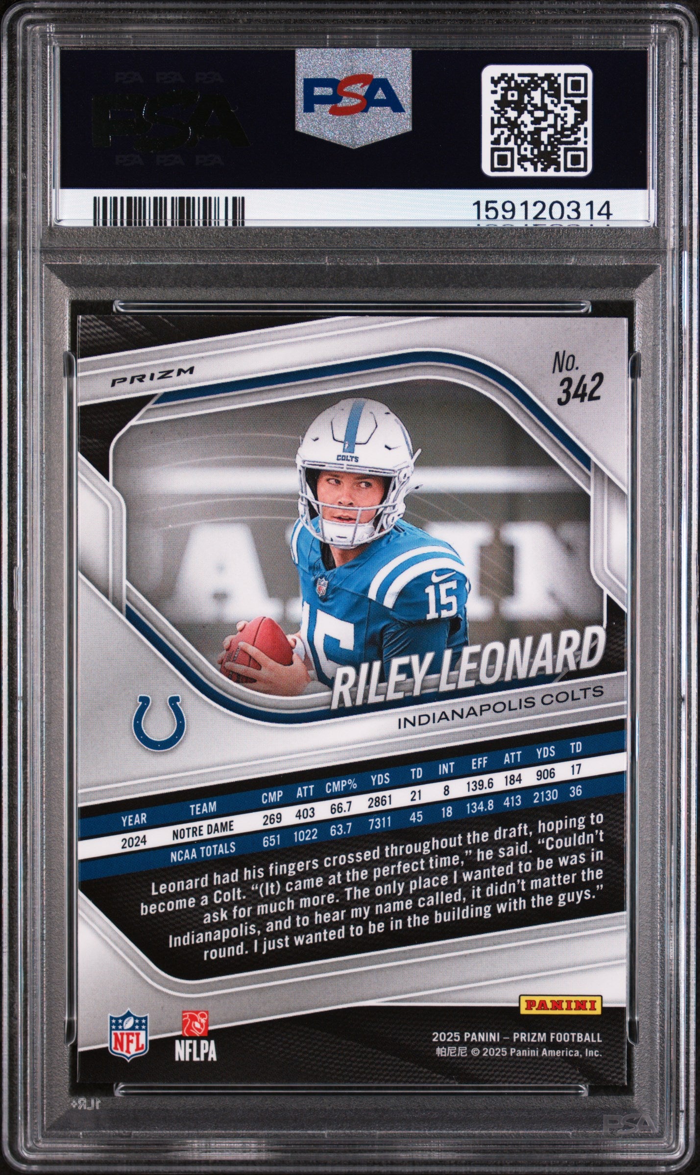 2025 Panini Prizm Riley Leonard #342 White Disco PSA 10