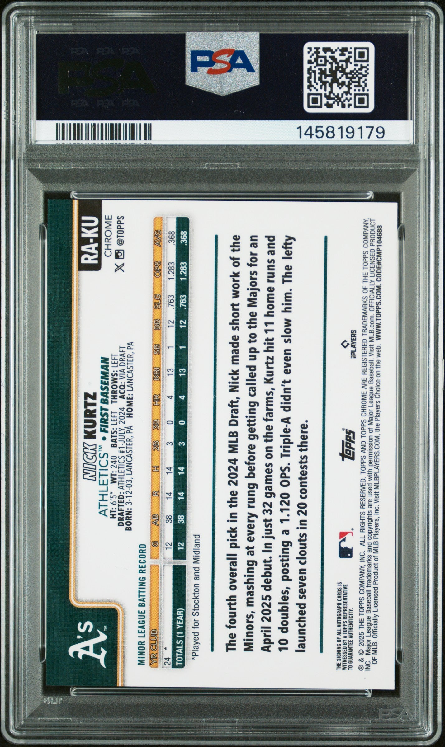 2025 Topps Chrome Rookie Autographs Nick Kurtz #RAKU Purple Ref 231/250 PSA 10