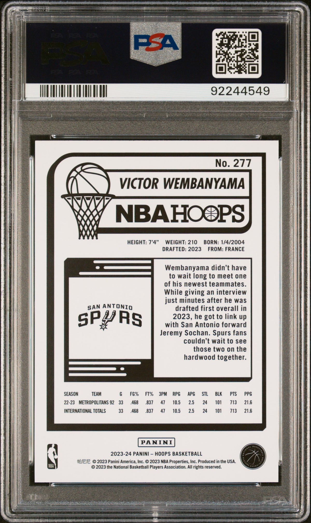 2023 Panini NBA Hoops Victor Wembanyama #277 PSA 10