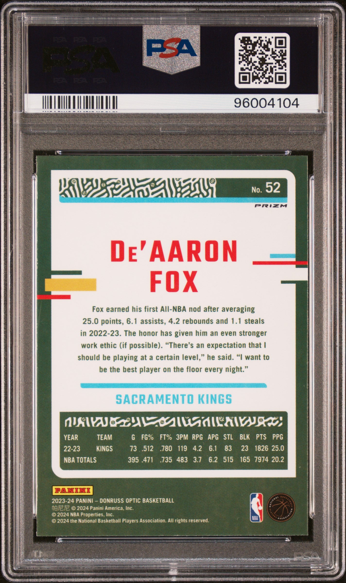2023 Panini Donruss Optic De'aaron Fox #52 Photon PSA 9