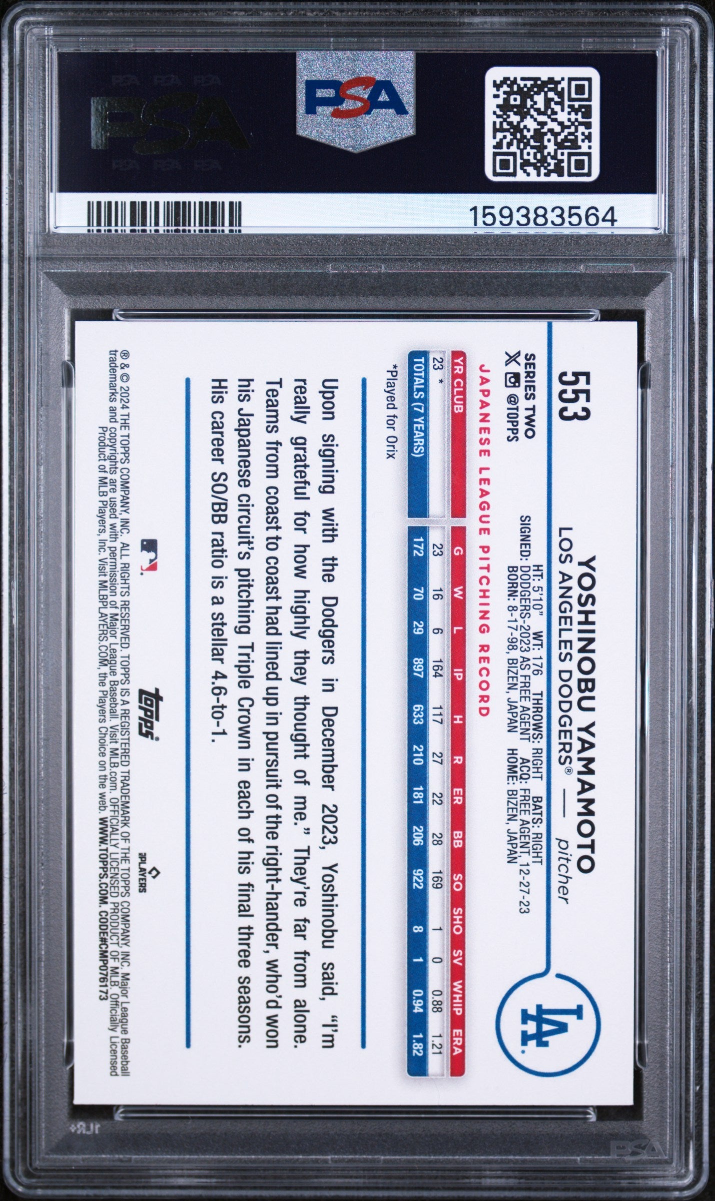 2024 Topps Yoshinobu Yamamoto #553 PSA 9