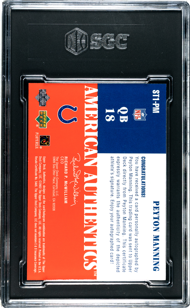 2002 Upper Deck Authentics Peyton Manning #ST1-PM American Autograph SGC 9