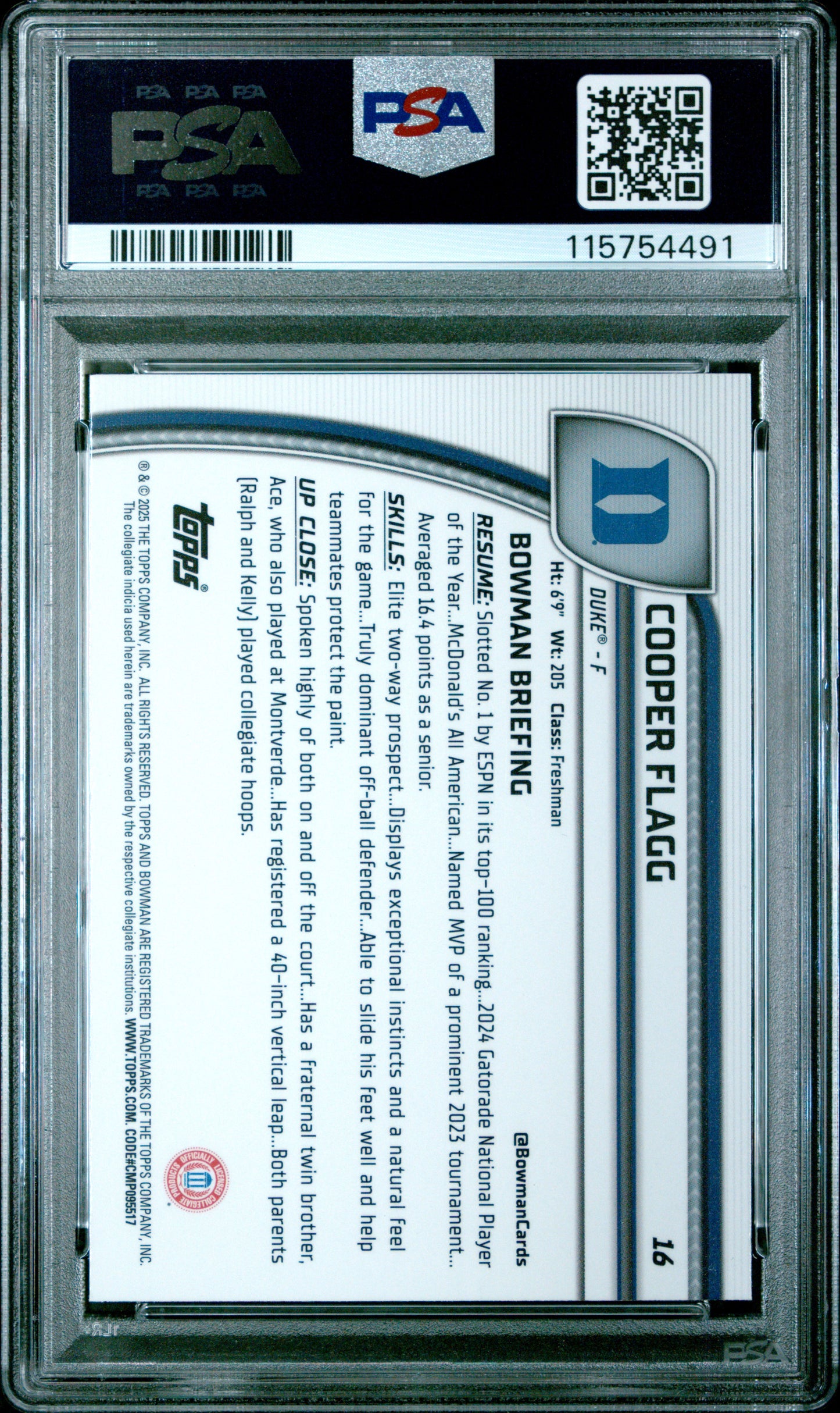 2024 Bowman Chrome University Cooper Flagg #16 Black Wave PSA 9