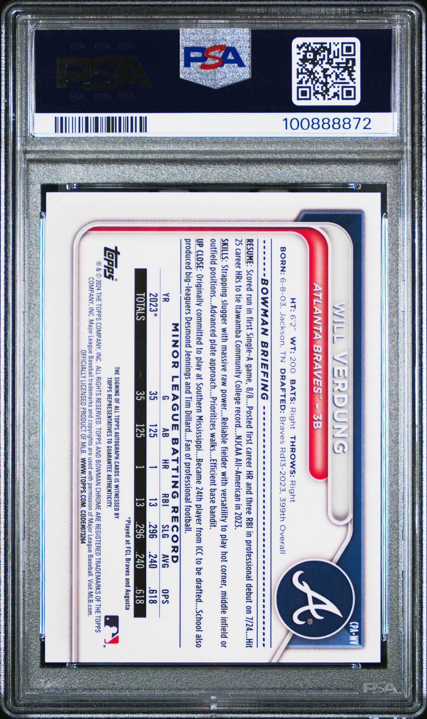 2024 Bowman Chrome Prospect Autographs Will Verdung #CPAWV PSA 10