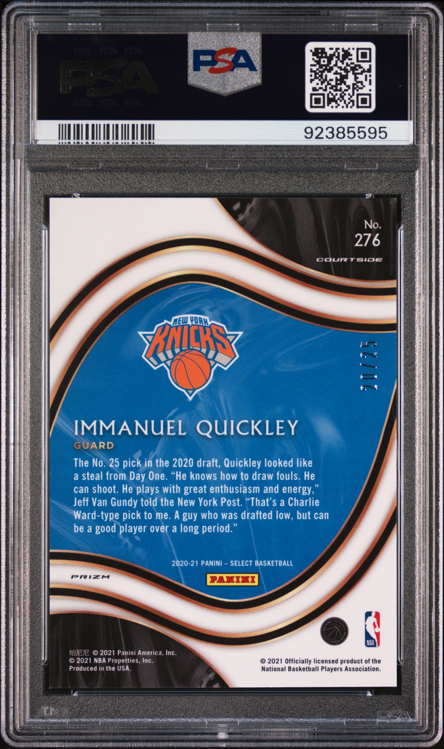 2020 Panini Select Immanuel Quickley #276 Blue Disco Prizm PSA 9