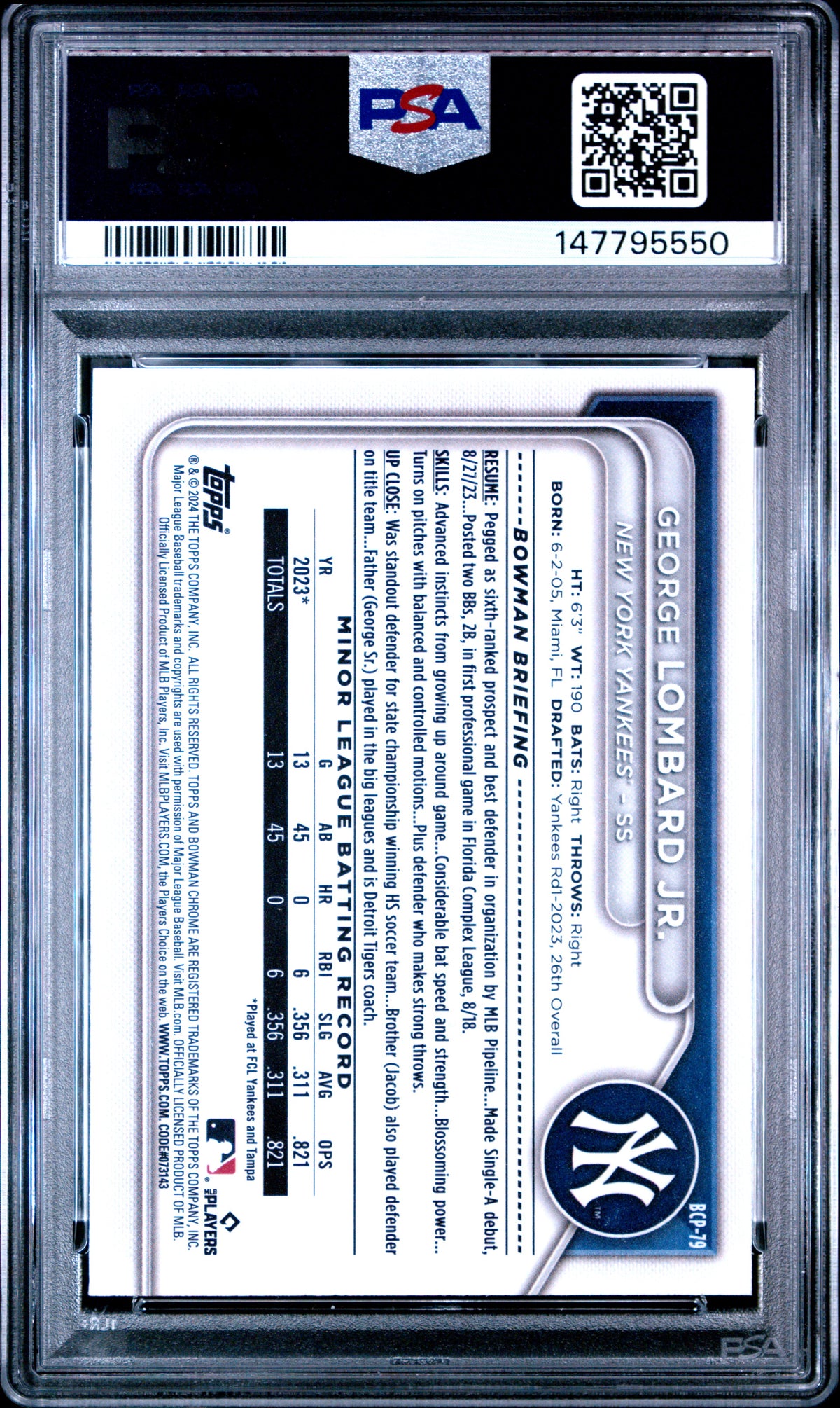 2024 Bowman Chrome Prospects George Lombard JR. #BCP79 Mini Dia Ref PSA 10