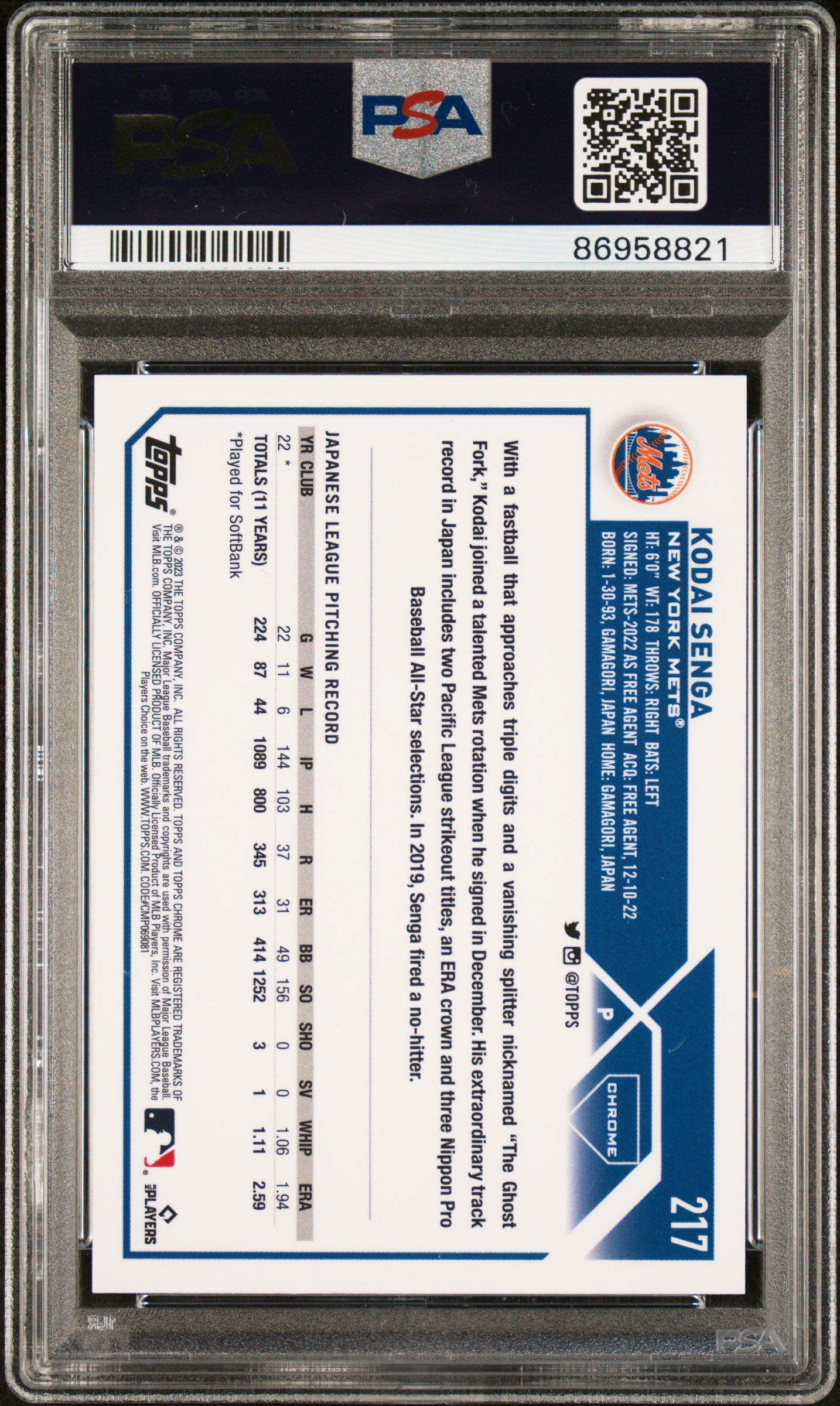 2023 Topps Chrome Kodai Senga #217 Sub Zero Frozenfractor -2/0 PSA 9