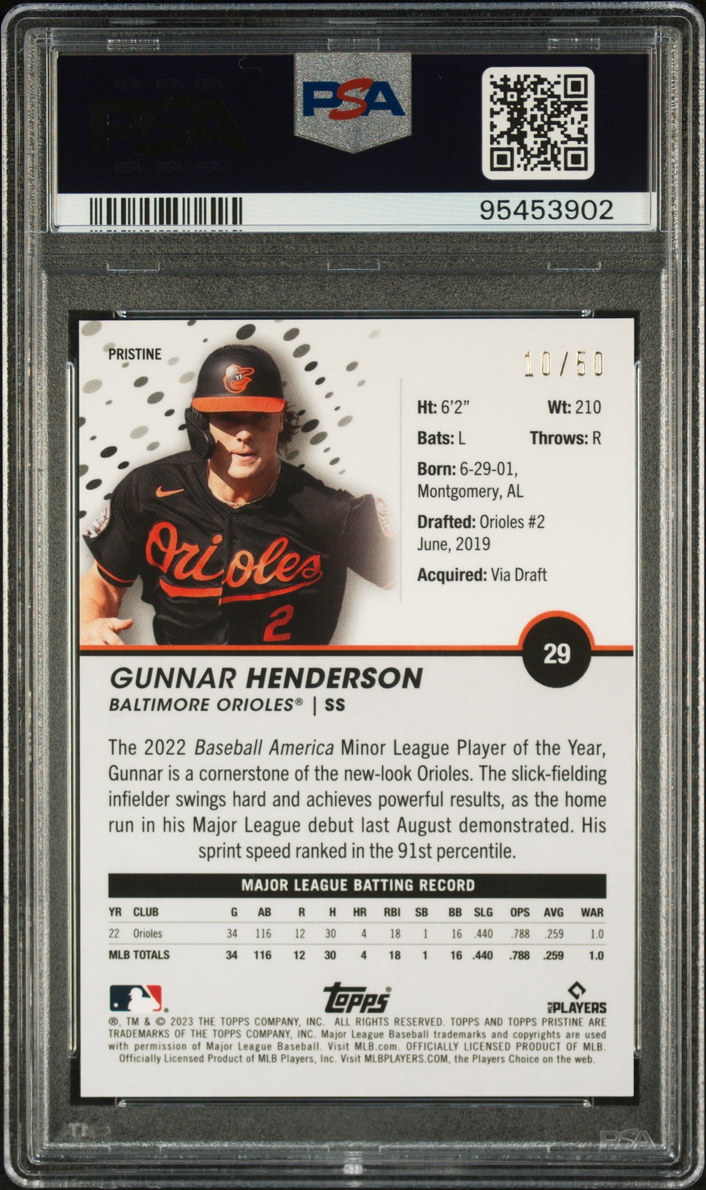 2023 Topps Pristine Gunnar Henderson #29 Gold PSA 10