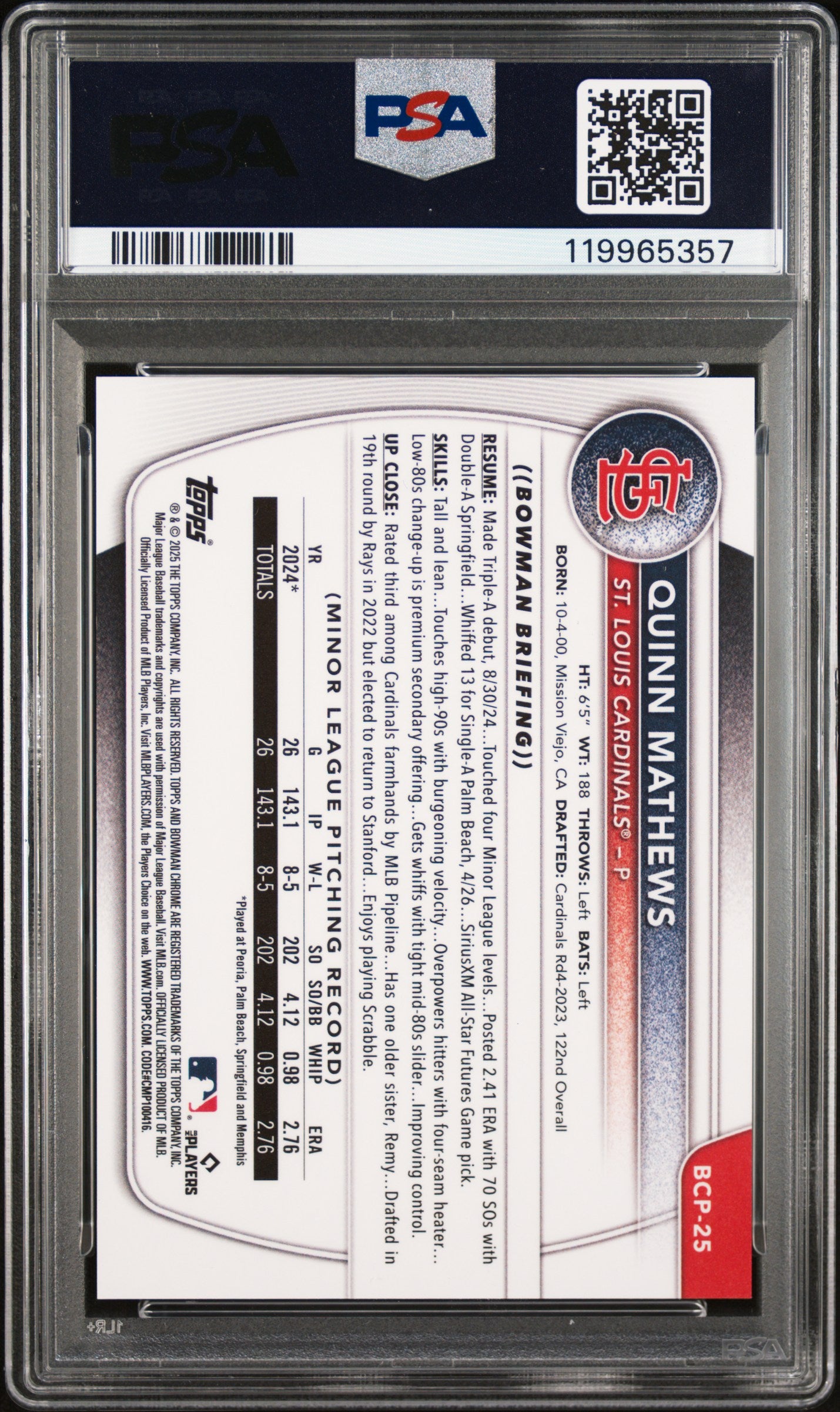2025 Bowman Chrome Prospects Quinn Mathews #BCP25 Orange Shimmer 16/25 PSA 10