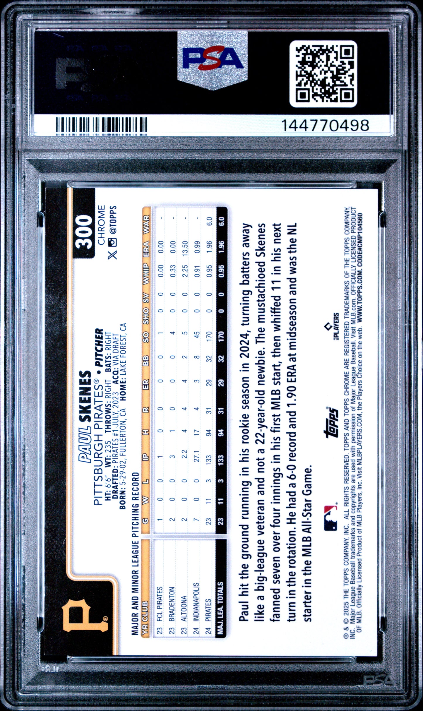2025 Topps Chrome Sapphire Paul Skenes #300 Variation Orange 15/25 PSA 9