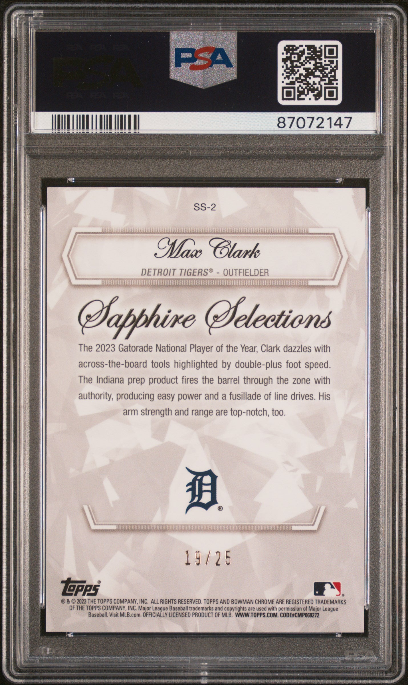2023 Bowman Draft Sapphire Edition Sapphire Selections Max Clark /25 PSA 10