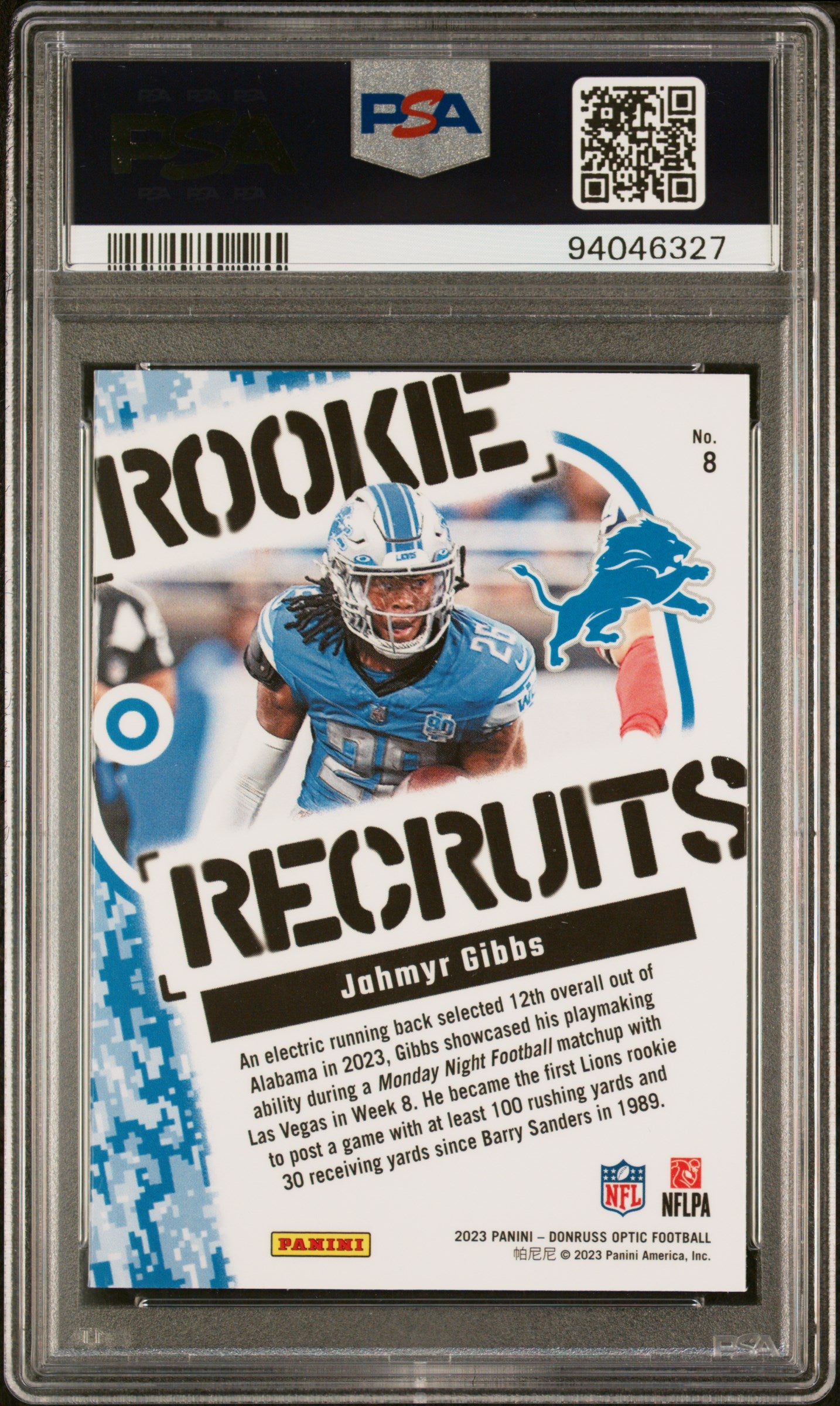 2023 Panini Donruss Optic Rookie Recruits Jahmyr Gibbs #8 PSA 10