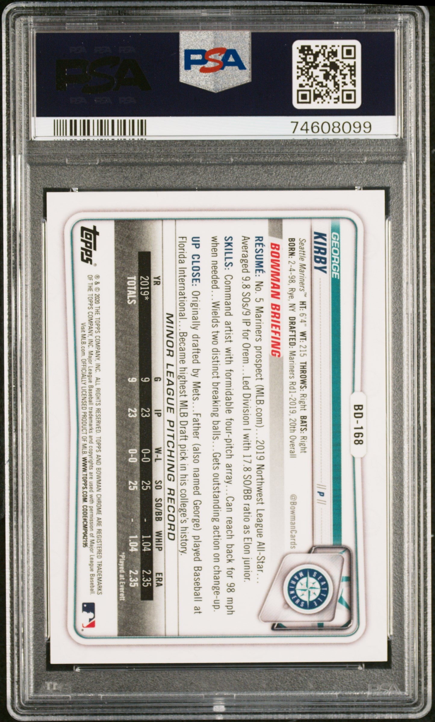 2020 Bowman Draft George Kirby #BD168 Chrome Orange Refractor 01/25 PSA 9