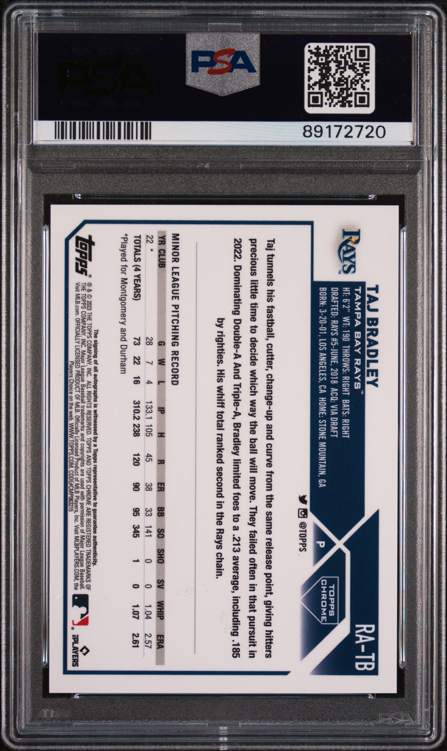 2023 Topps Chrome Update Autograph Taj Bradley #RATB Purple Refractor 115/250 PSA 9