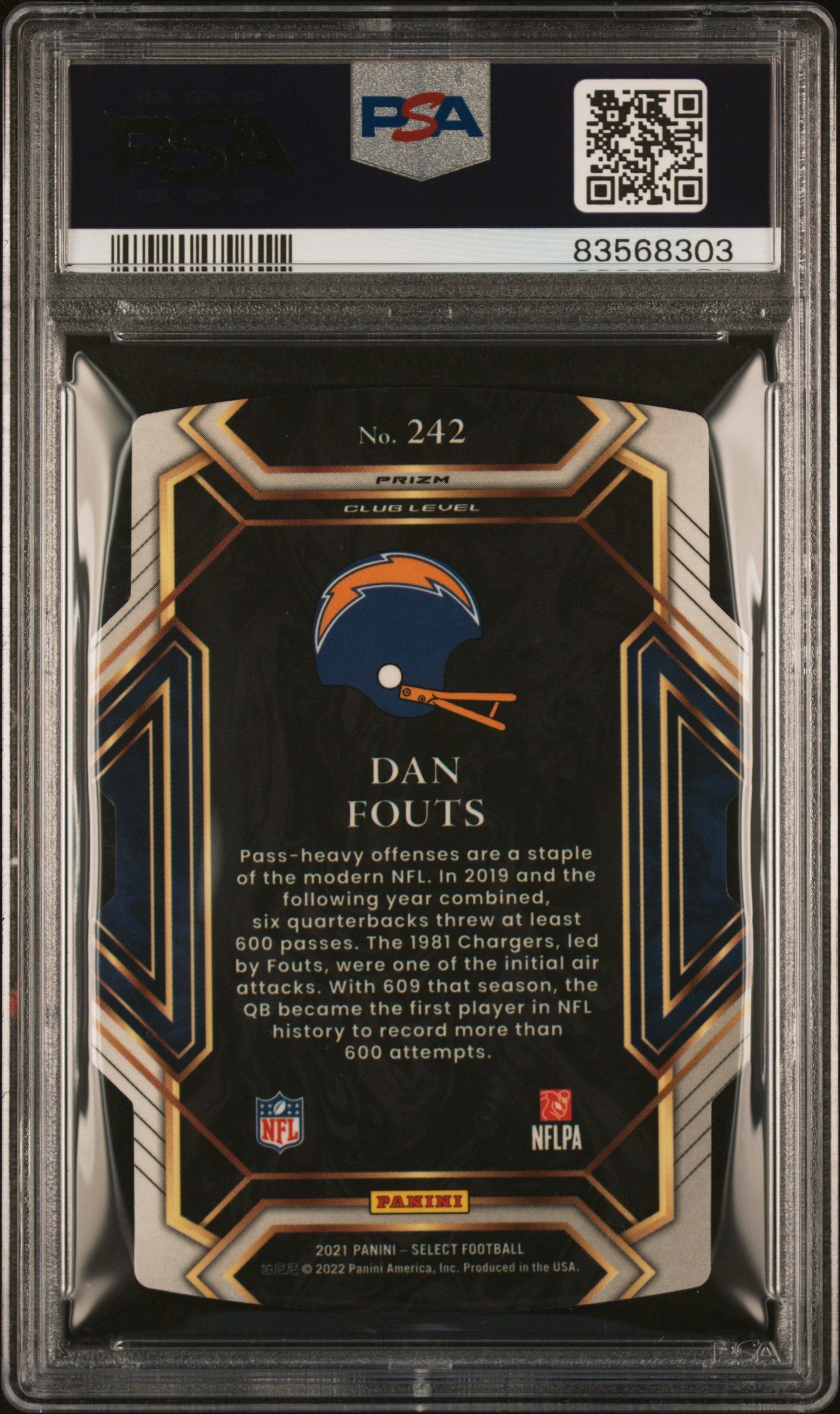 2021 Panini Select Dan Fouts #242 Die Cut Zebra Prizm PSA 9